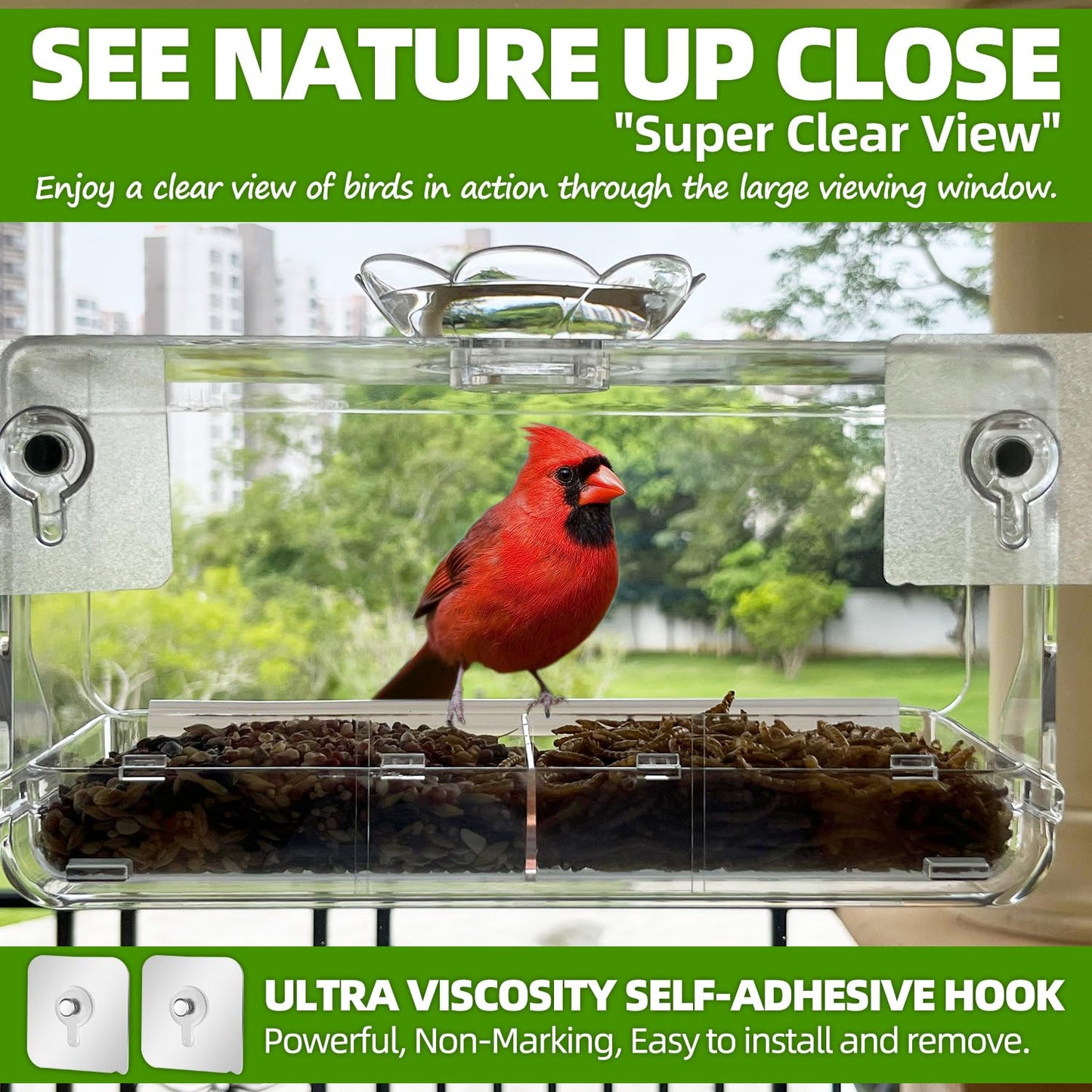 Window Bird Feeder with Non-Marking Self-Adhesive Hooks, Clear Window Bird Feeder for Outside, Transparent Bird House, Outdoor Bird Feeders, Wild Bird Watching Gift, Garden Decor