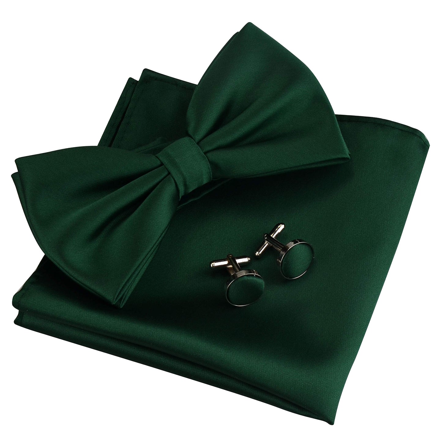 GUSLESON Mens Solid Color Double Fold Pre-tied Bow Tie and Pocket Square Cufflink Set with Gift Box