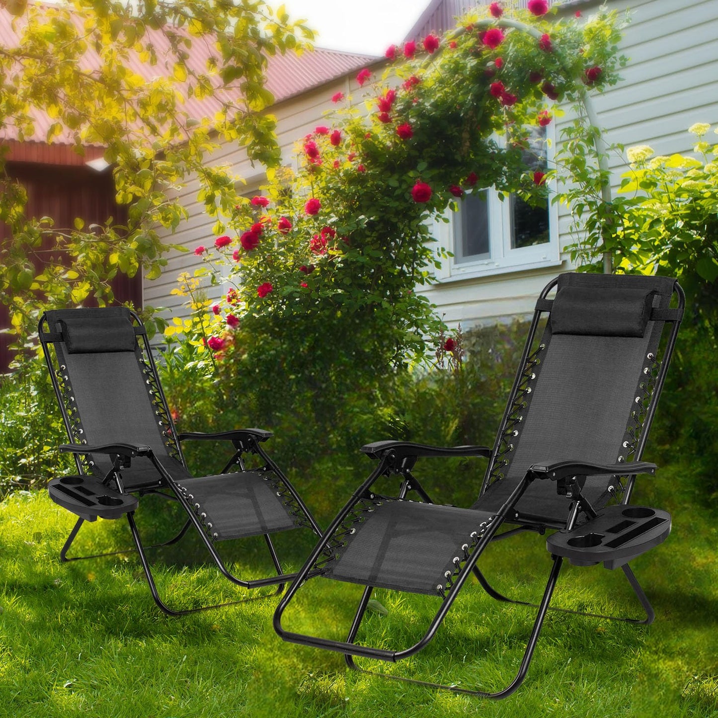 Nazhura Set of 2 Relaxing Recliners Patio Chairs Adjustable Steel Mesh Zero Gravity Lounge Chair Beach Chairs with Pillow and Cup Holder Black