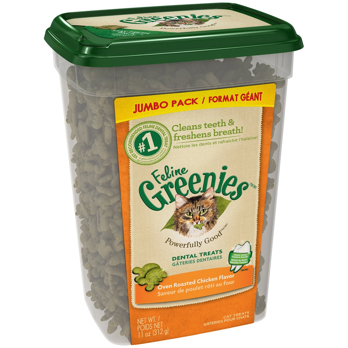 Greenies Feline Adult Natural Dental Cat Treats, Oven Roasted Chicken Flavor, 9.75 oz. Tub