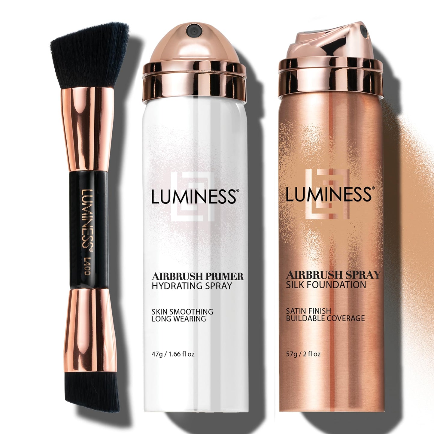 LUMINESS Airbrush Spray Silk Foundation Starter Kit - Medium Dark - Foundation, Primer & Dual-Sided Angled Buffing Brush - Medium, Buildable Coverage, Anti-Aging Formula Hydrates & Moisturizes