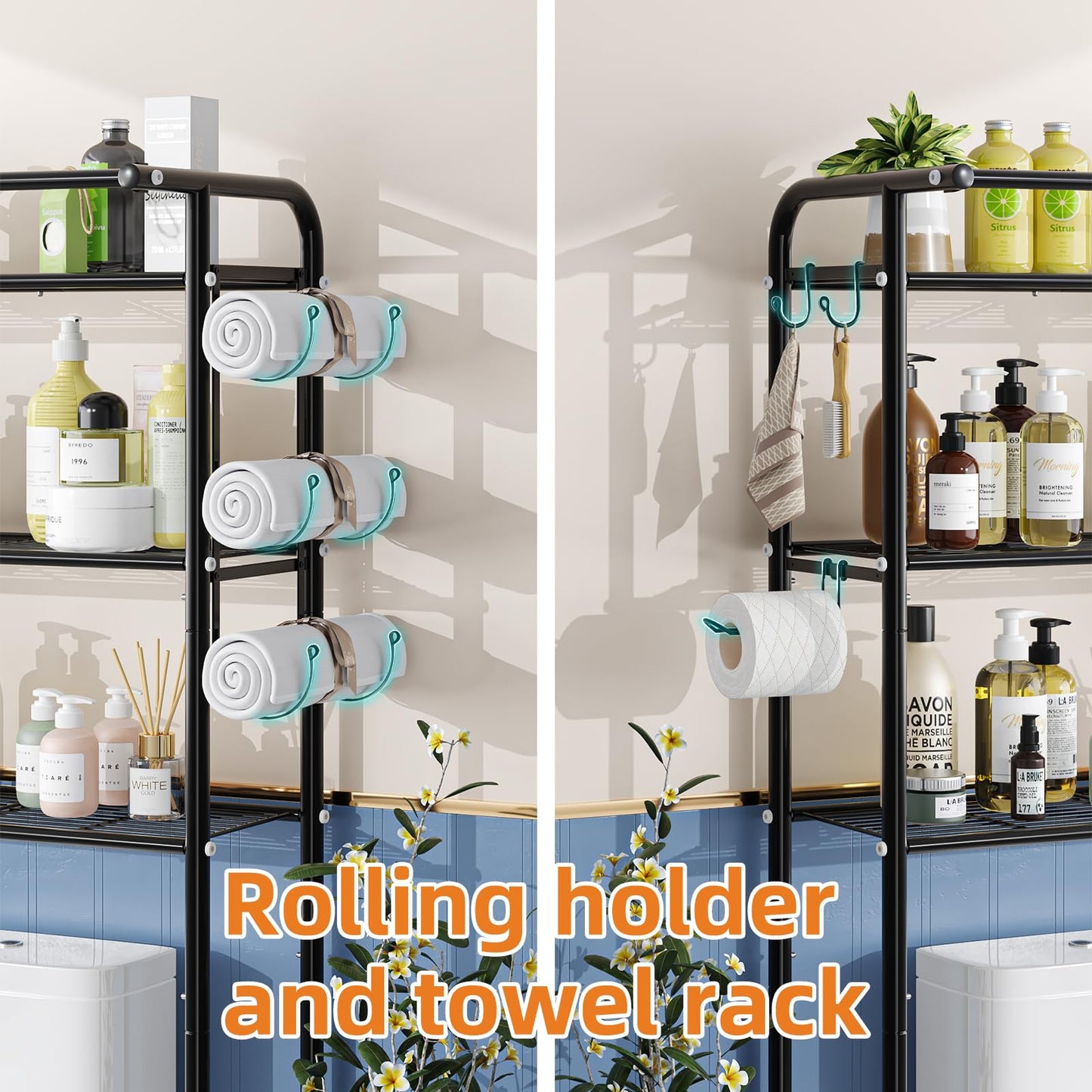 Over The Toilet Storage Rack, Metal 3 Tier Bathroom Organizer Shelf with Paper Holder and 3 Hooks, White