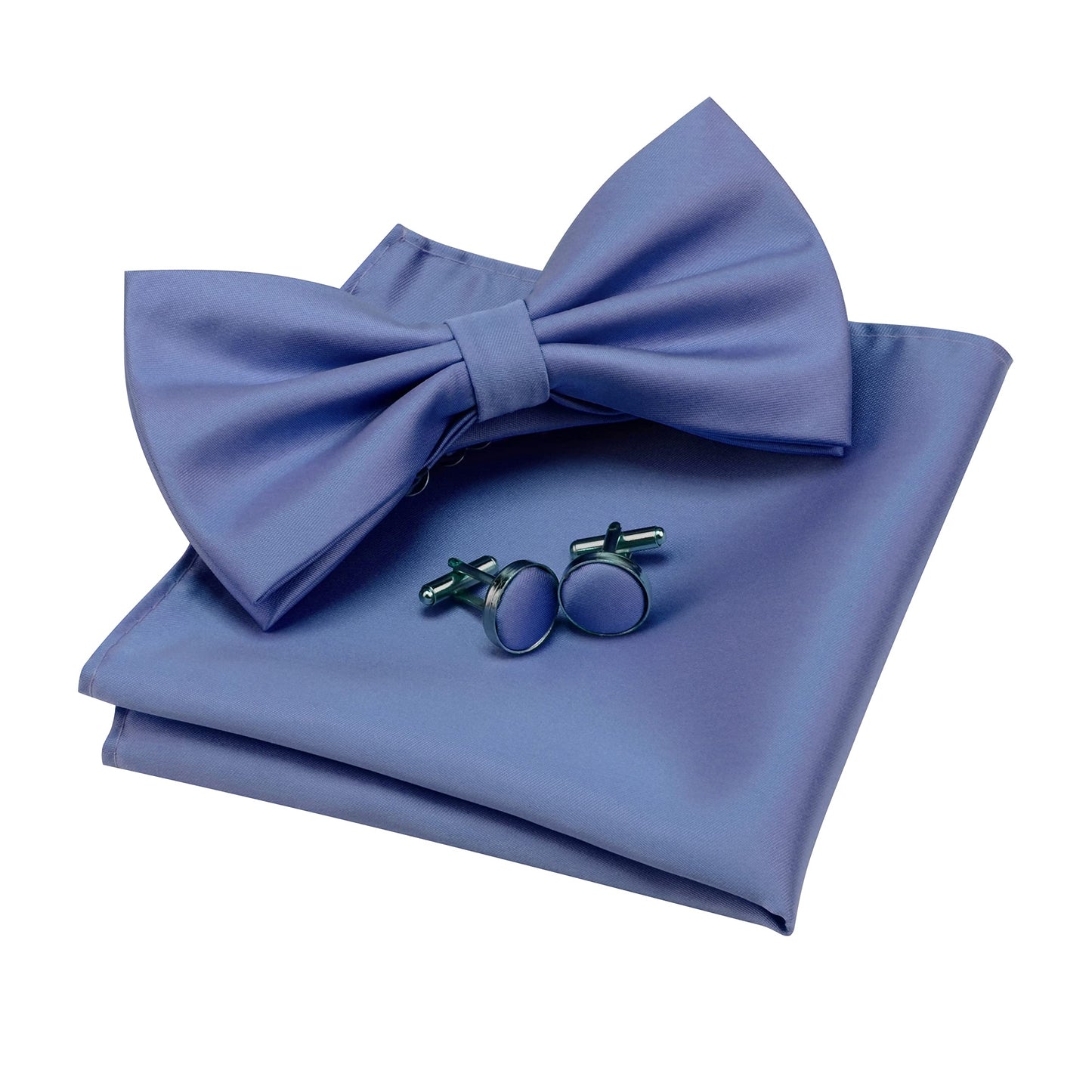 GUSLESON Mens Solid Color Double Fold Pre-tied Bow Tie and Pocket Square Cufflink Set with Gift Box