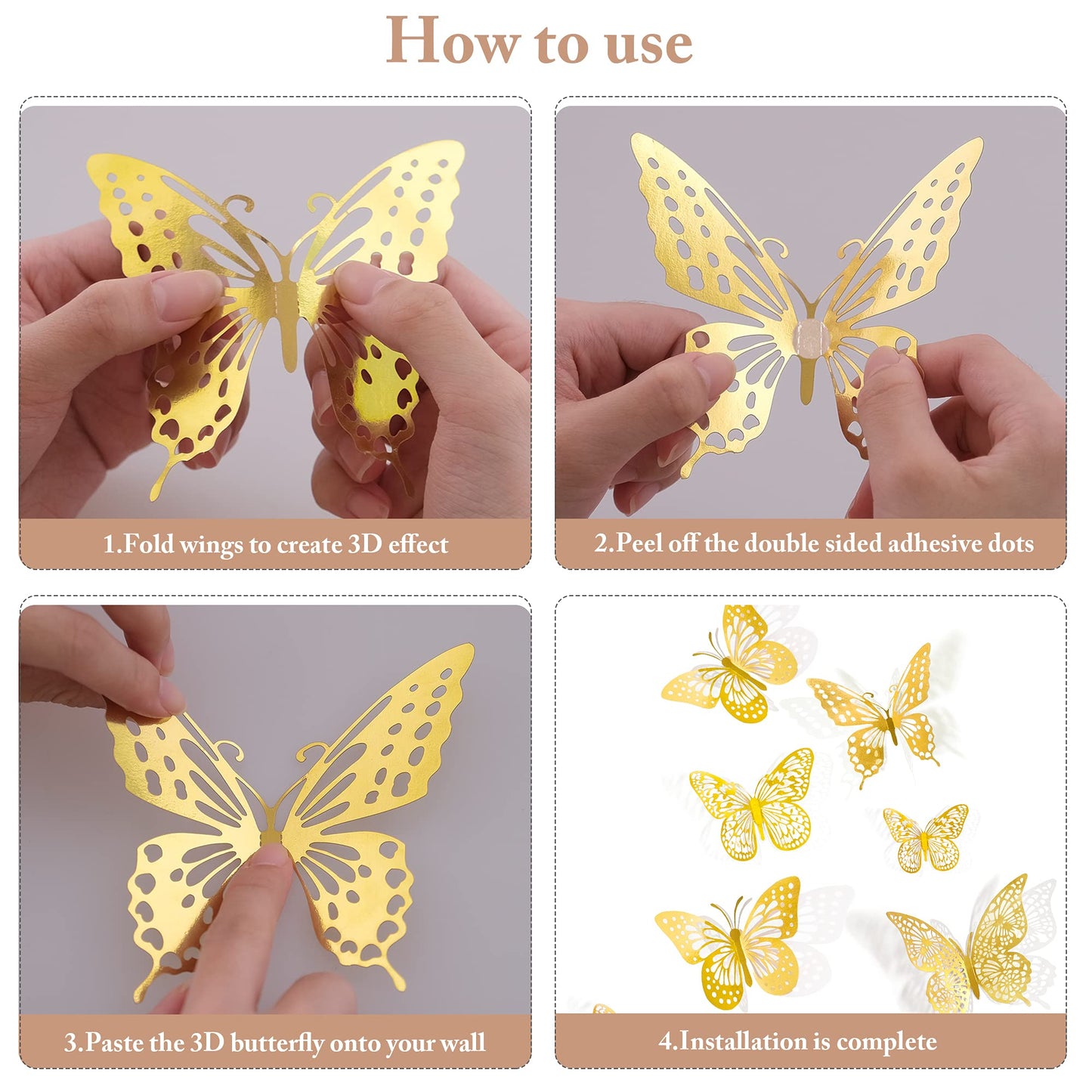 SAOROPEB 3D Butterfly Wall Decor 48 Pcs 4 Styles 3 Sizes, Gold Butterfly Decorations for Butterfly Birthday Decorations Butterfly Party Decorations Cake Decorations, Removable Stickers (Gold)