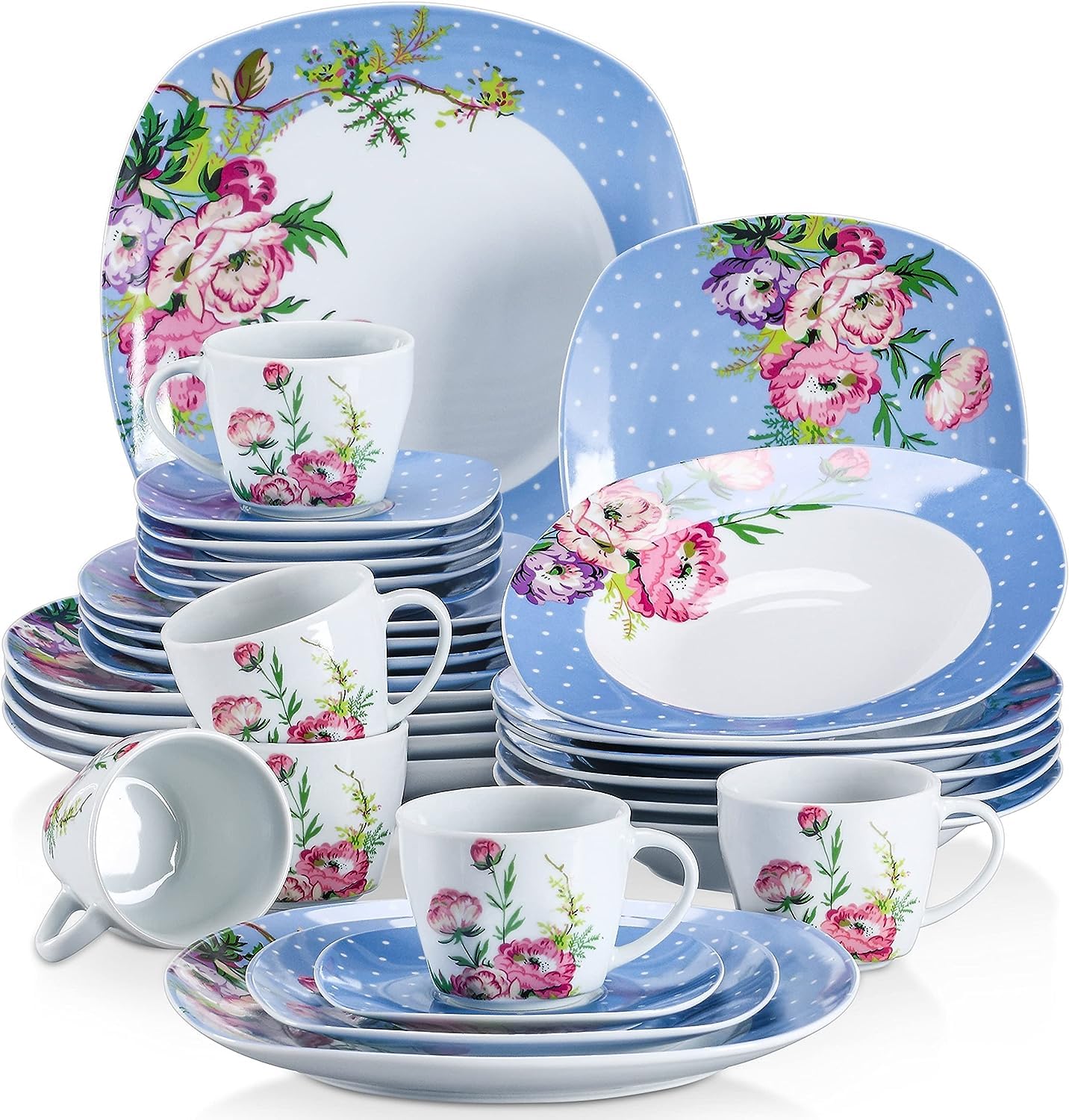 VEWEET, Series Annie, Porcelain Dinnerware Sets for 6, White Dish Set with Pink Floral, 30 PCS Dinner Sets Including Dinner Plates, Dessert Plates, Soup Plates Set, Cups & Saucers