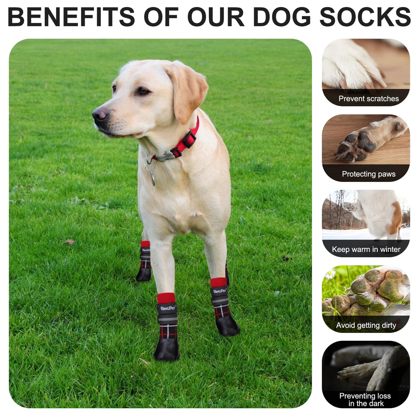 BINGPET Anti-Slip Dog Socks for Hardwood Floors, Injury Prevent Licking Dog Booties, Traction Control Paw Protector Dog Shoes for Hot Pavement with Reflective Straps for Small Medium Large Dogs