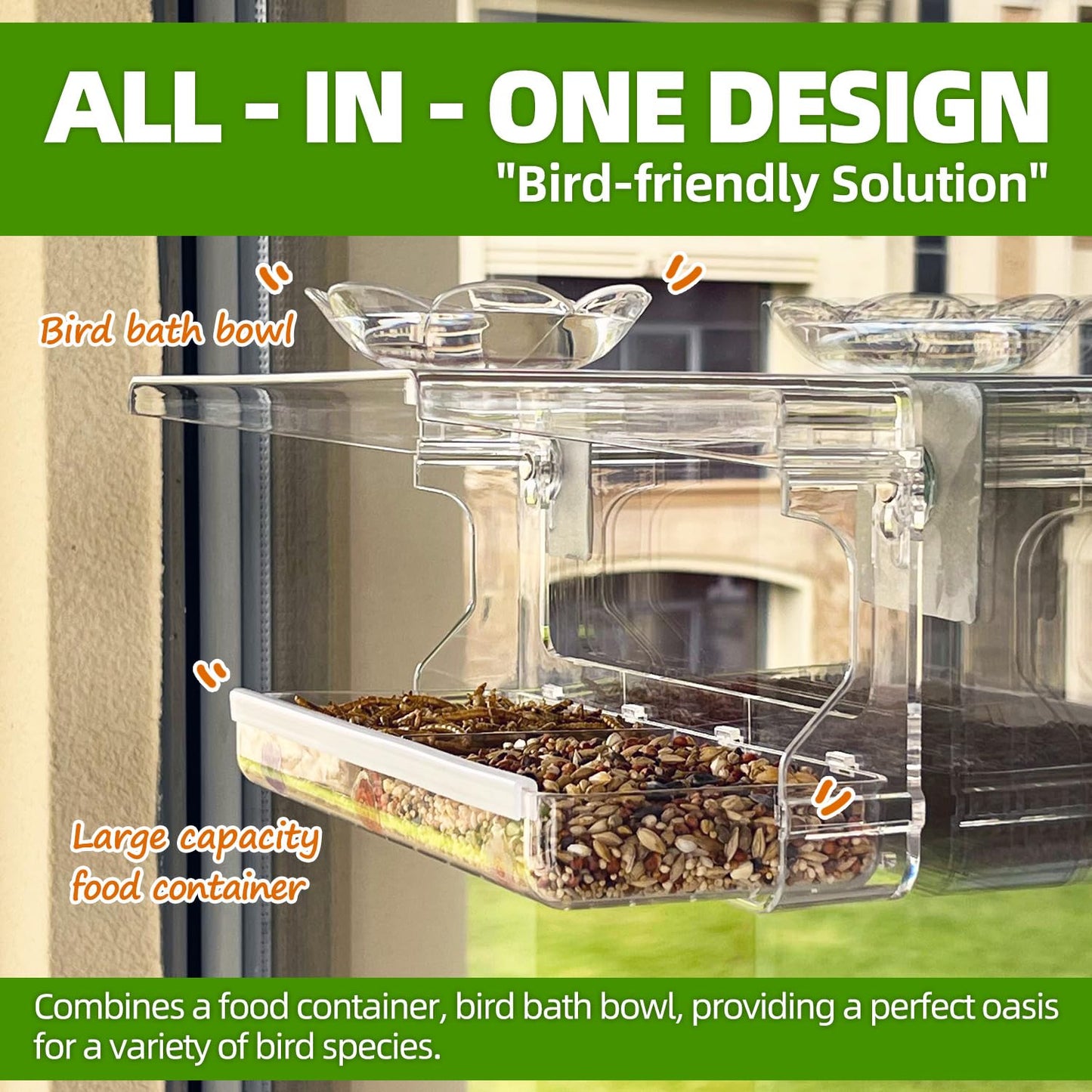 Window Bird Feeder with Non-Marking Self-Adhesive Hooks, Clear Window Bird Feeder for Outside, Transparent Bird House, Outdoor Bird Feeders, Wild Bird Watching Gift, Garden Decor