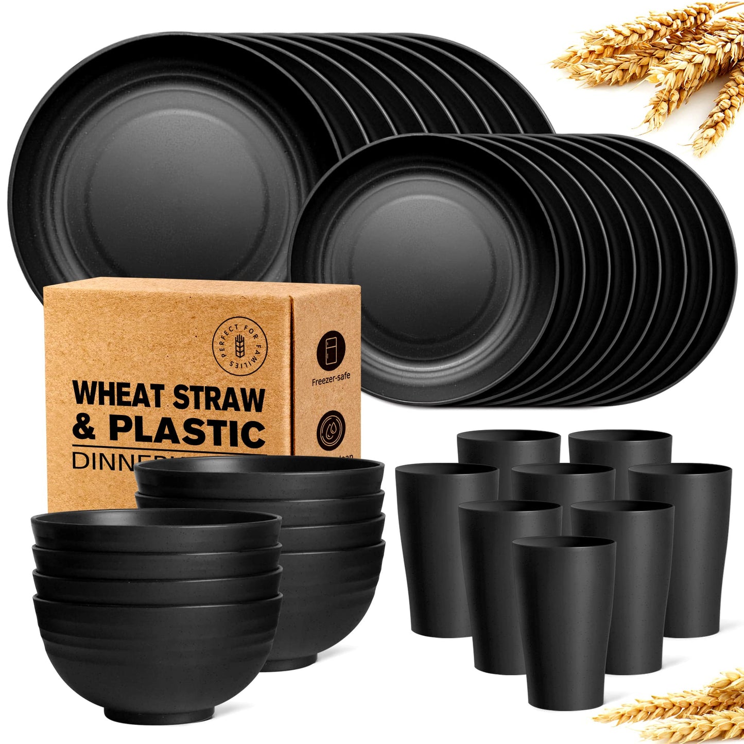 Teivio 32-Piece Kitchen Plastic Wheat Straw Dinnerware Set, Service for 8, Dinner Plates, Dessert Plate, Cereal Bowls, Cups, Unbreakable Colorful Plastic Outdoor Camping Dishes, Black