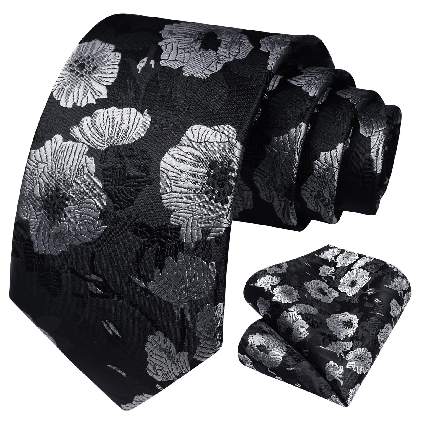 HISDERN Men Floral Ties Woven Classic 3.4" Necktie Set Formal tie Pocket Square for Wedding with Handkerchief Gift Box