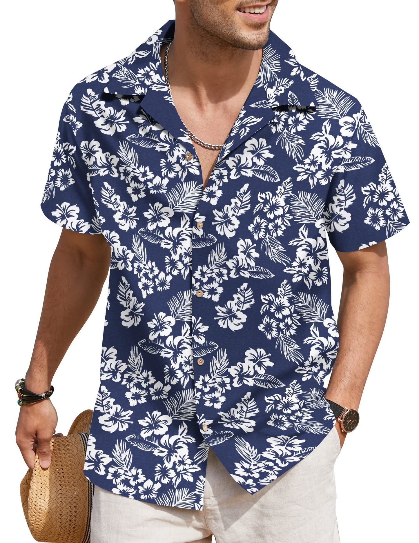 COOFANDY Men's Hawaiian Floral Shirts Cotton Linen Button Down Tropical Holiday Beach Shirts