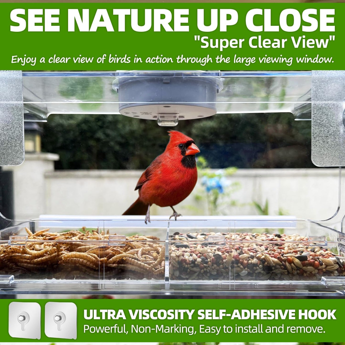 Window Bird Feeder with Non-Marking Self-Adhesive Hooks, Clear Window Bird Feeder for Outside, Transparent Bird House, Outdoor Bird Feeders, Wild Bird Watching Gift, Garden Decor