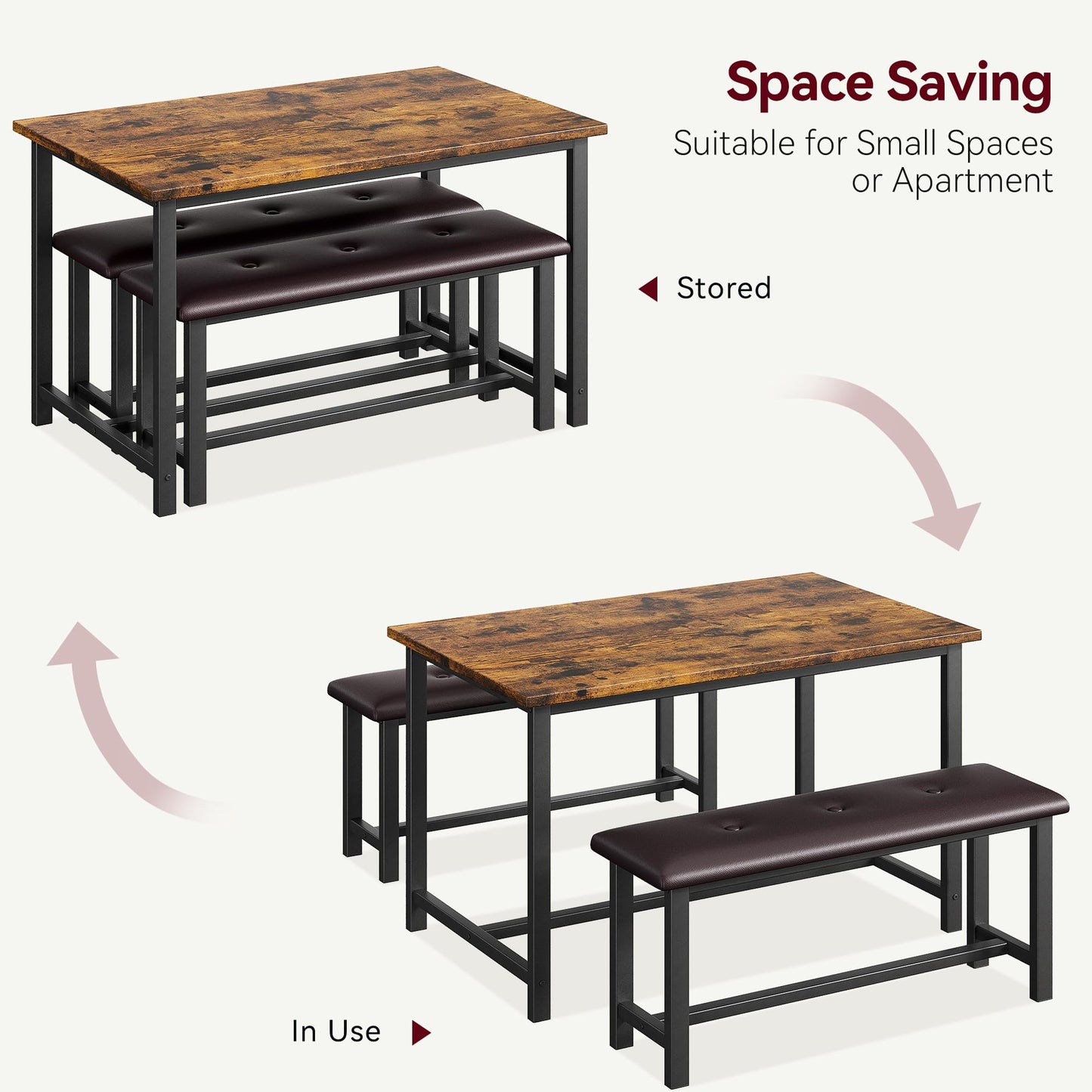 IDEALHOUSE Dining Table Set for 4, Kitchen Table with Upholstered Bench, Rectangular Dining Room Table Set with 2 Benches, 3 Piece Kitchen Table Set for Small Space, Apartment, Studio, Rustic Brown