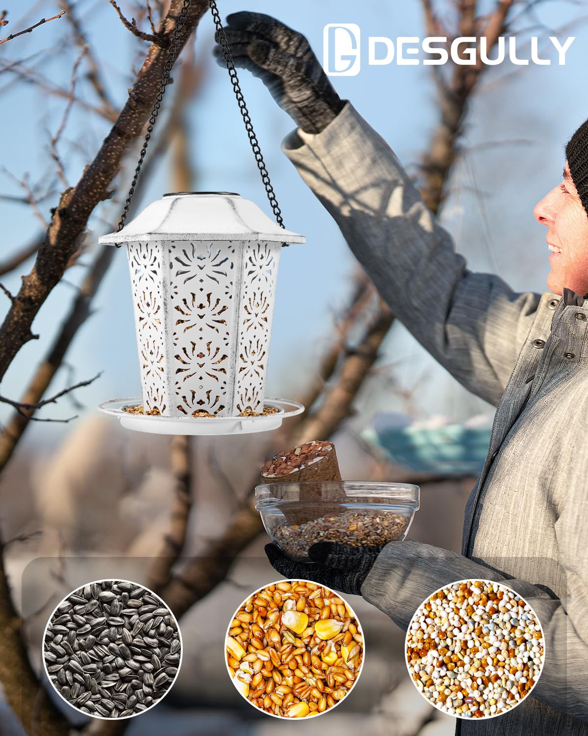 Solar Bird Feeders for Outdoors Hanging - Premium Grade Metal Bird Feeder, Chew-Proof, Weather and Water Resistant Wild Bird feeders, Outside and Garden Decoration-New