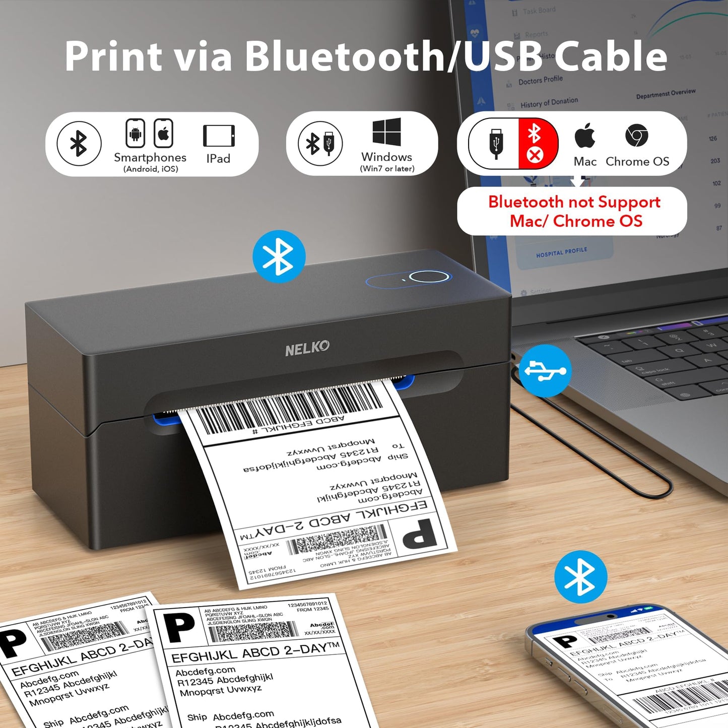 Nelko Bluetooth Thermal Shipping Label Printer, Wireless 4x6 Shipping Label Printer for Shipping Packages, Support Android, iPhone and Windows, Widely Used for Amazon, Ebay, Shopify, Etsy, USPS