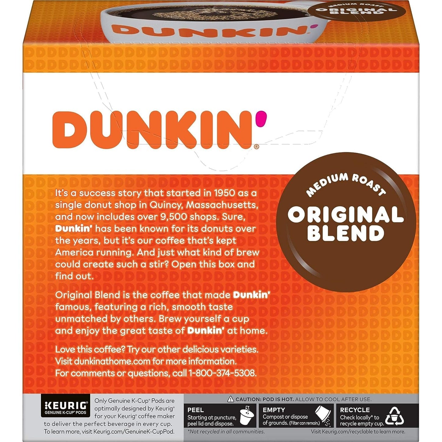 Dunkin' Original Blend Single Serve Keurig K-Cup Pods, Medium Roast Coffee, 60 Pods total (6 Boxes of 10)