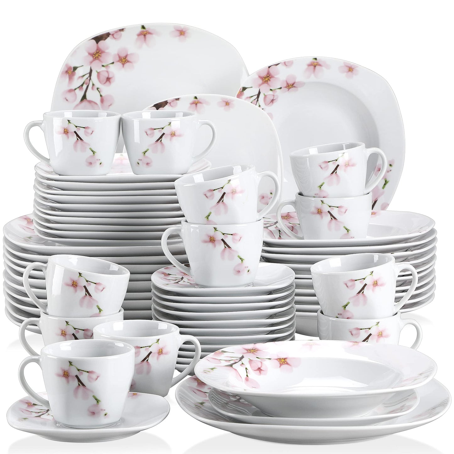 VEWEET, Series Annie, Porcelain Dinnerware Sets for 6, White Dish Set with Pink Floral, 30 PCS Dinner Sets Including Dinner Plates, Dessert Plates, Soup Plates Set, Cups & Saucers