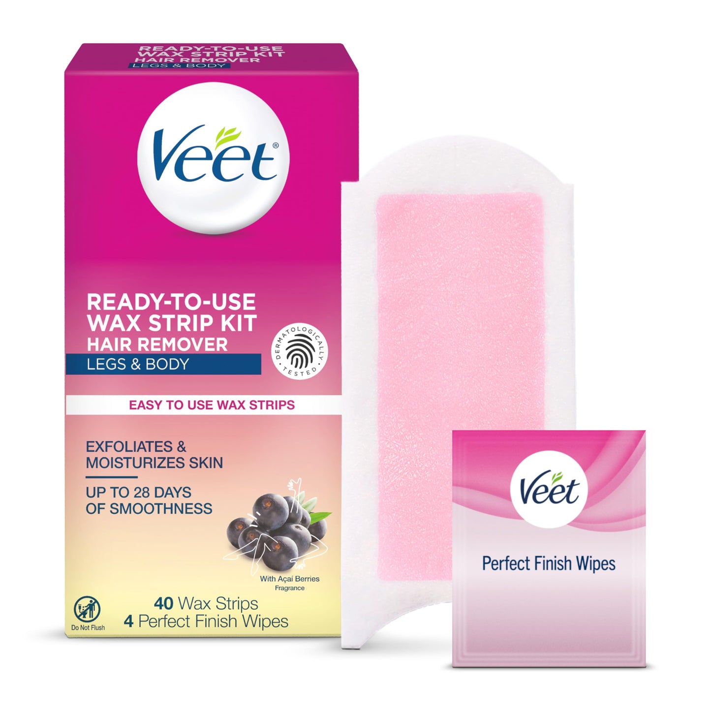 Veet Ready-To-Use Waxing Kit For Women | Wax Strips For Body Hair Removal, Wax Kit For Ingrown Hair Treatment, Personal Care Product, Hair Remover | 40ct Waxing Strips, 4ct Body Wipes