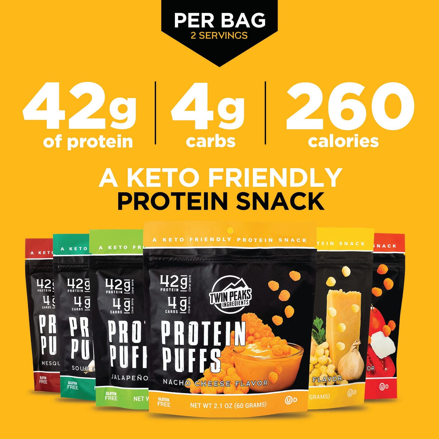 Twin Peaks Low Carb, Keto Friendly Protein Puffs, Nacho Cheese (300g, 21g Protein, 2g Carbs)