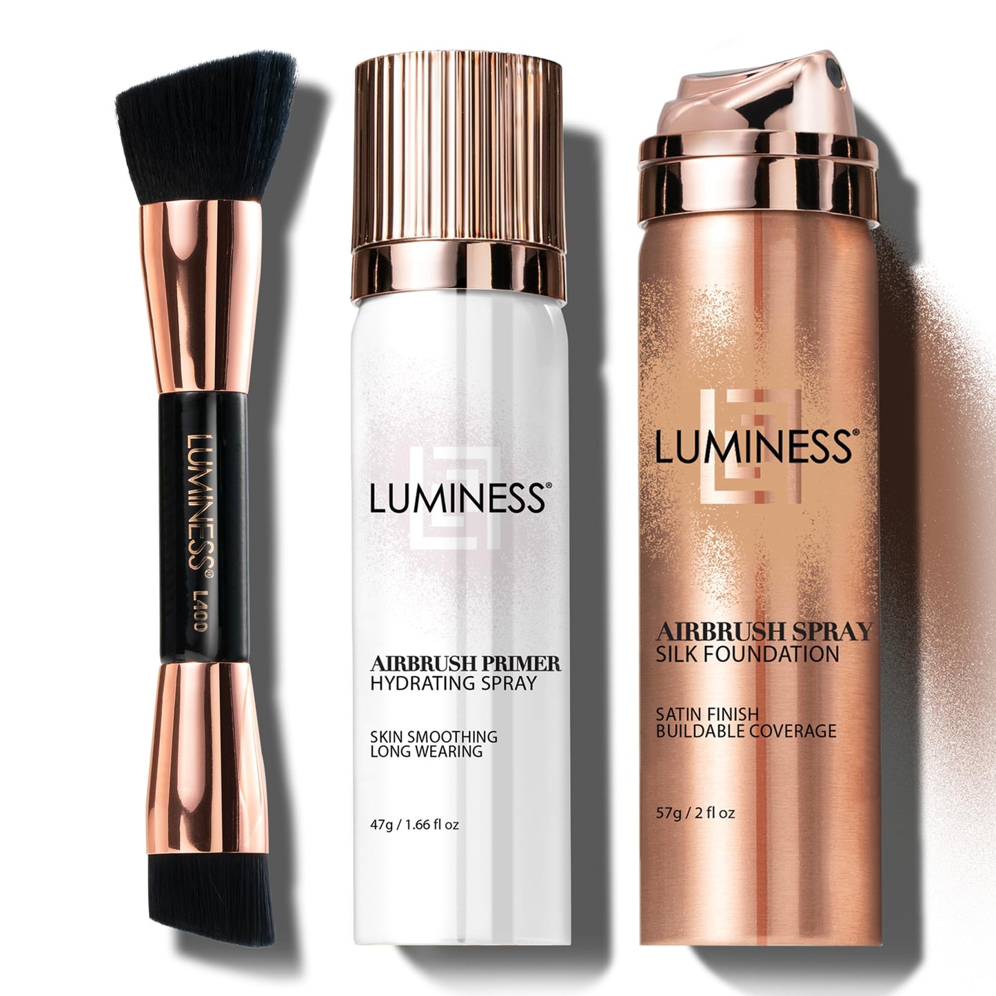 LUMINESS Airbrush Spray Silk Foundation Starter Kit - Medium Dark - Foundation, Primer & Dual-Sided Angled Buffing Brush - Medium, Buildable Coverage, Anti-Aging Formula Hydrates & Moisturizes