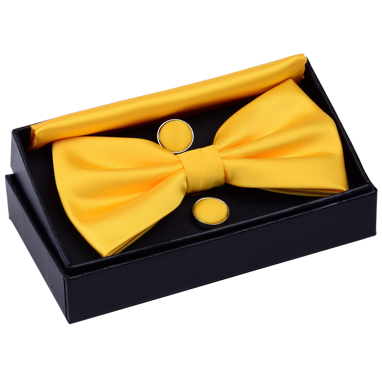 GUSLESON Mens Solid Color Double Fold Pre-tied Bow Tie and Pocket Square Cufflink Set with Gift Box