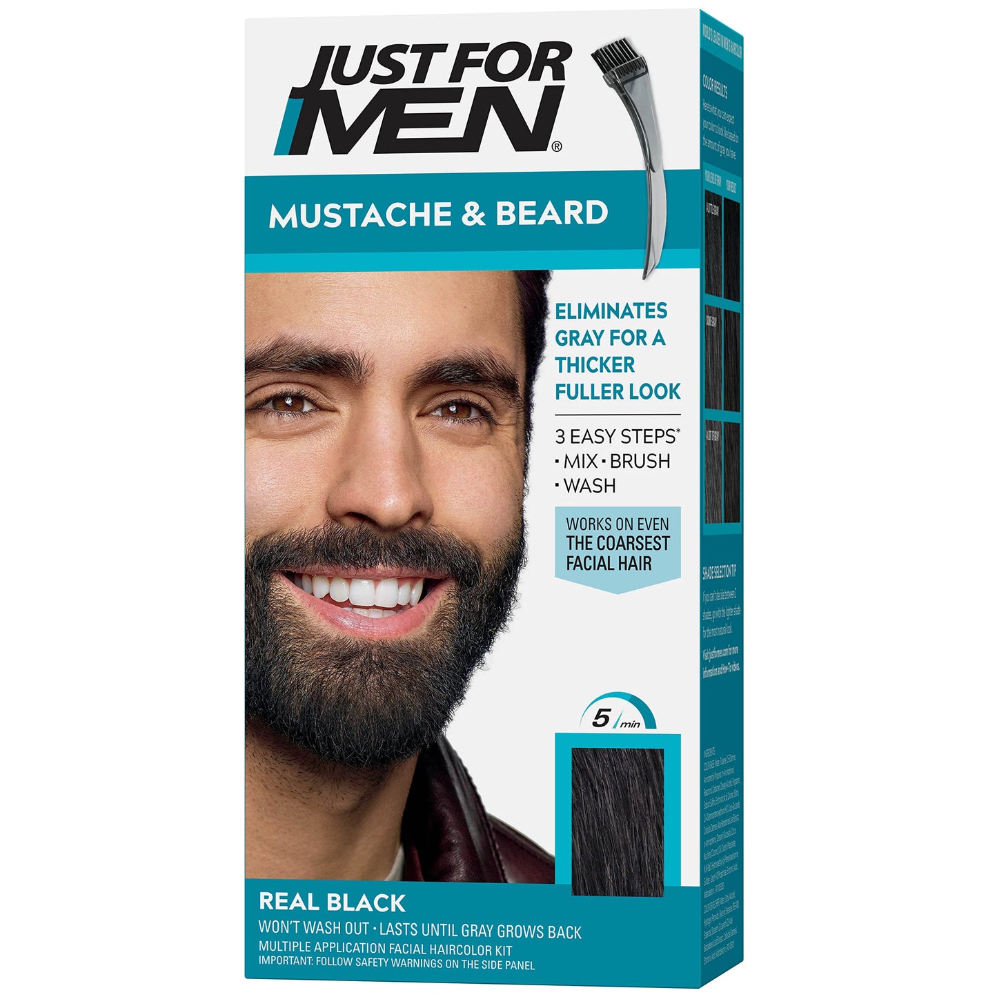 Just For Men Mustache & Beard, Beard Dye for Men with Brush Included for Easy Application, With Biotin Aloe and Coconut Oil for Healthy Facial Hair - Real Black, M-55, Pack of 3