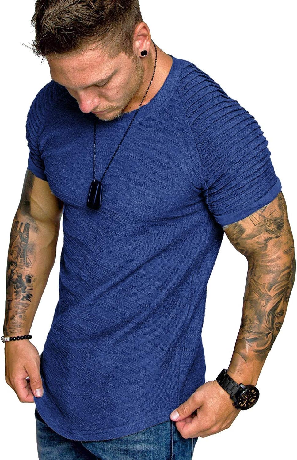 COOFANDY Men's Muscle T-Shirt Pleated Raglan Sleeve Bodybuilding Gym Tee Short Sleeve Fashion Workout Shirts Hipster Shirt