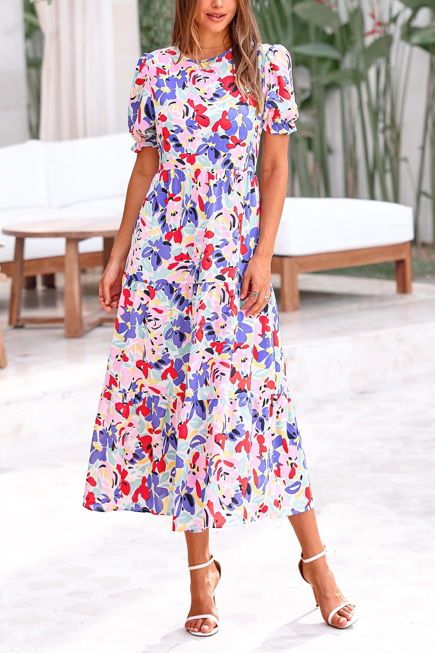 Pretty Garden Womens Summer Casual Boho Dress Floral Print Ruffle Puff Sleeve High Waist Midi