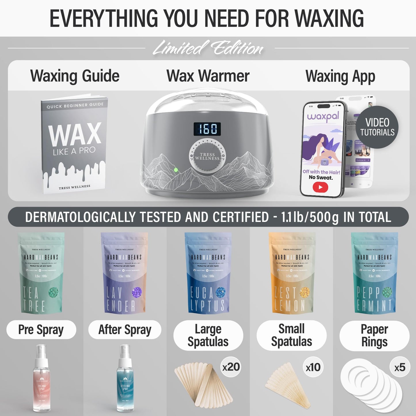 Tress Wellness Waxing Kit for Brazilian Wax - Easy to Use - For Sensitive Skin - Digital Display, Black Purple Flower