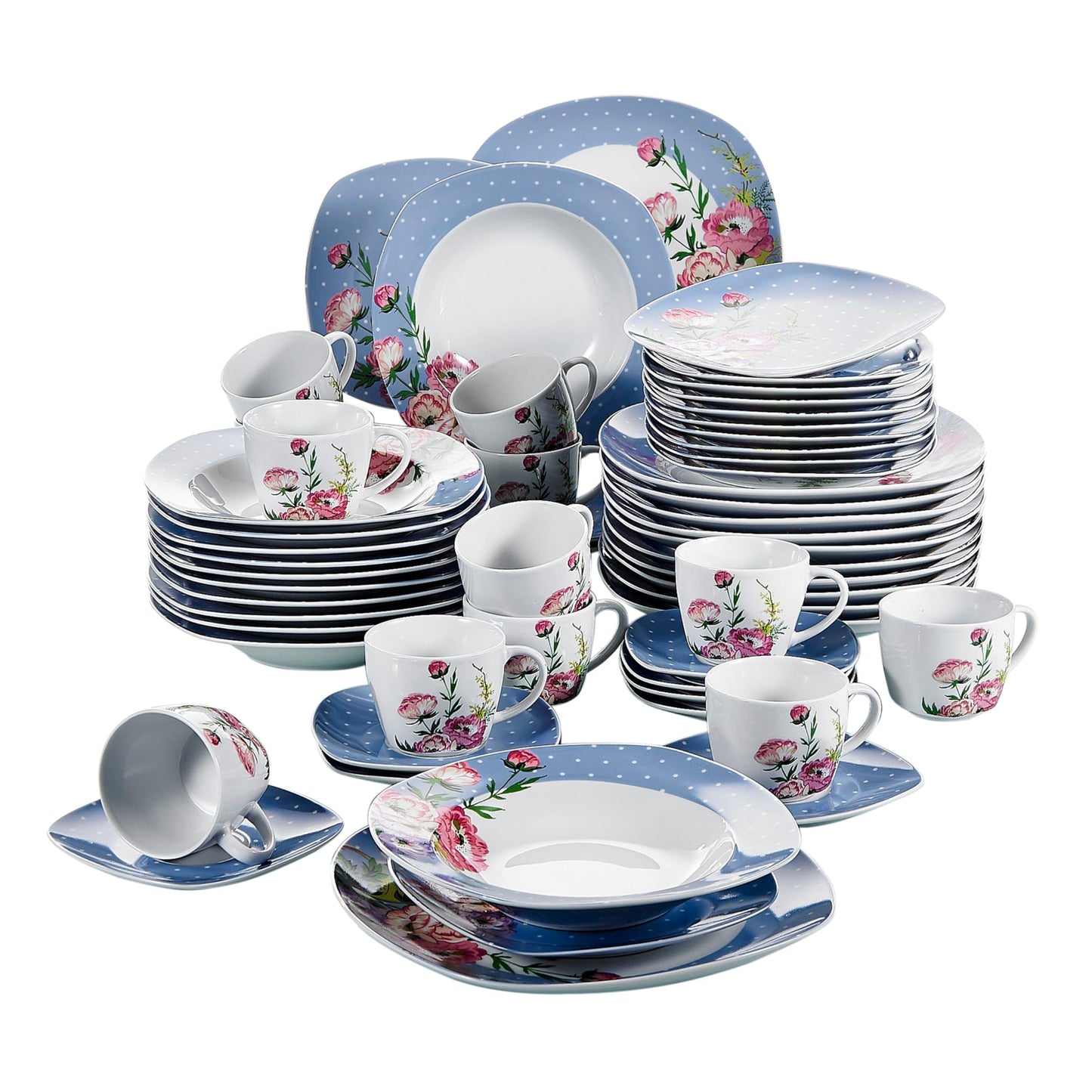 VEWEET, Series Annie, Porcelain Dinnerware Sets for 6, White Dish Set with Pink Floral, 30 PCS Dinner Sets Including Dinner Plates, Dessert Plates, Soup Plates Set, Cups & Saucers