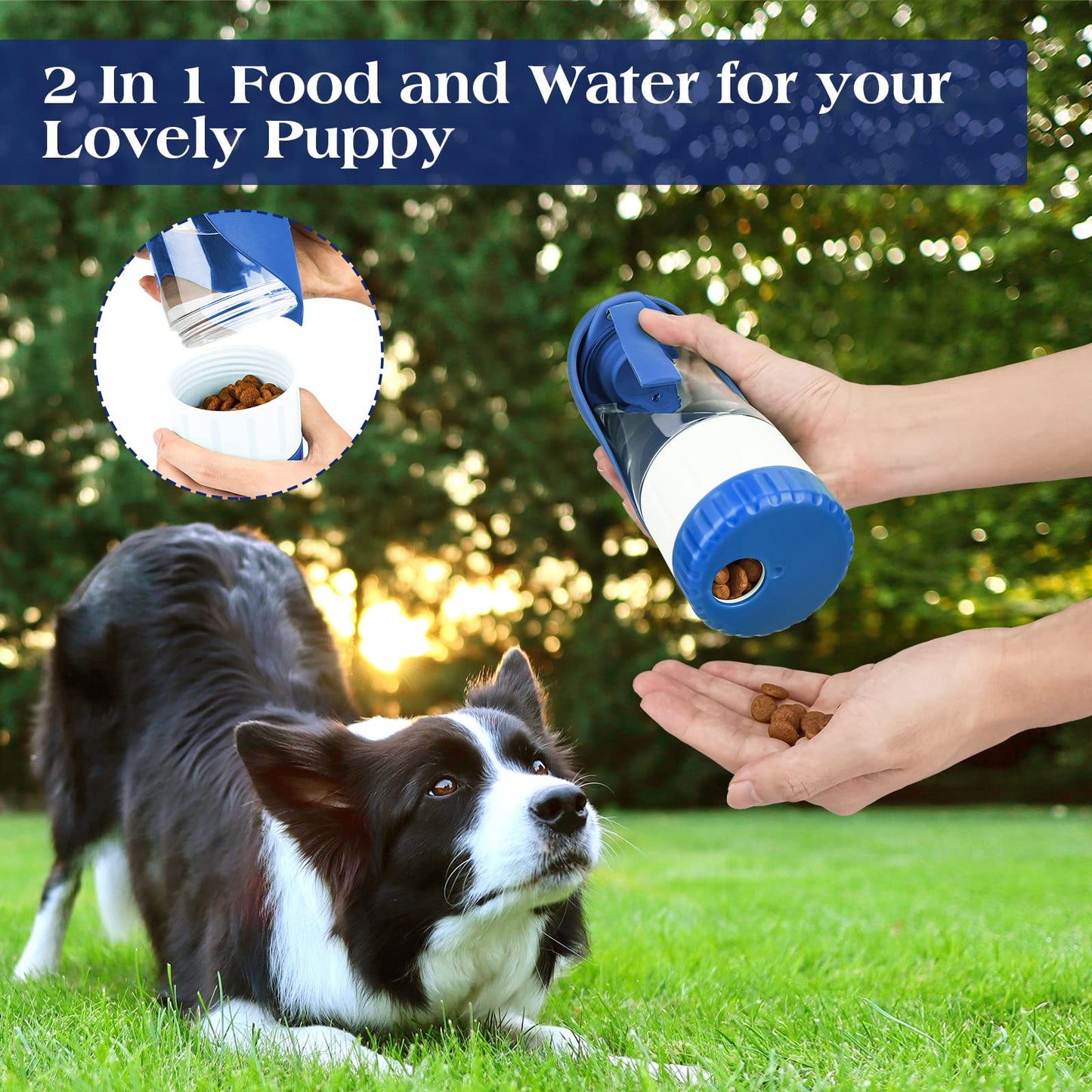 Upgraded Dog Water Bottle, Portable Dog Cat Puppy Pet Water Dispenser Feeder with Drinking Cup and Food Container Leak Proof for Outdoor Walking, Travel, Hiking 12OZ