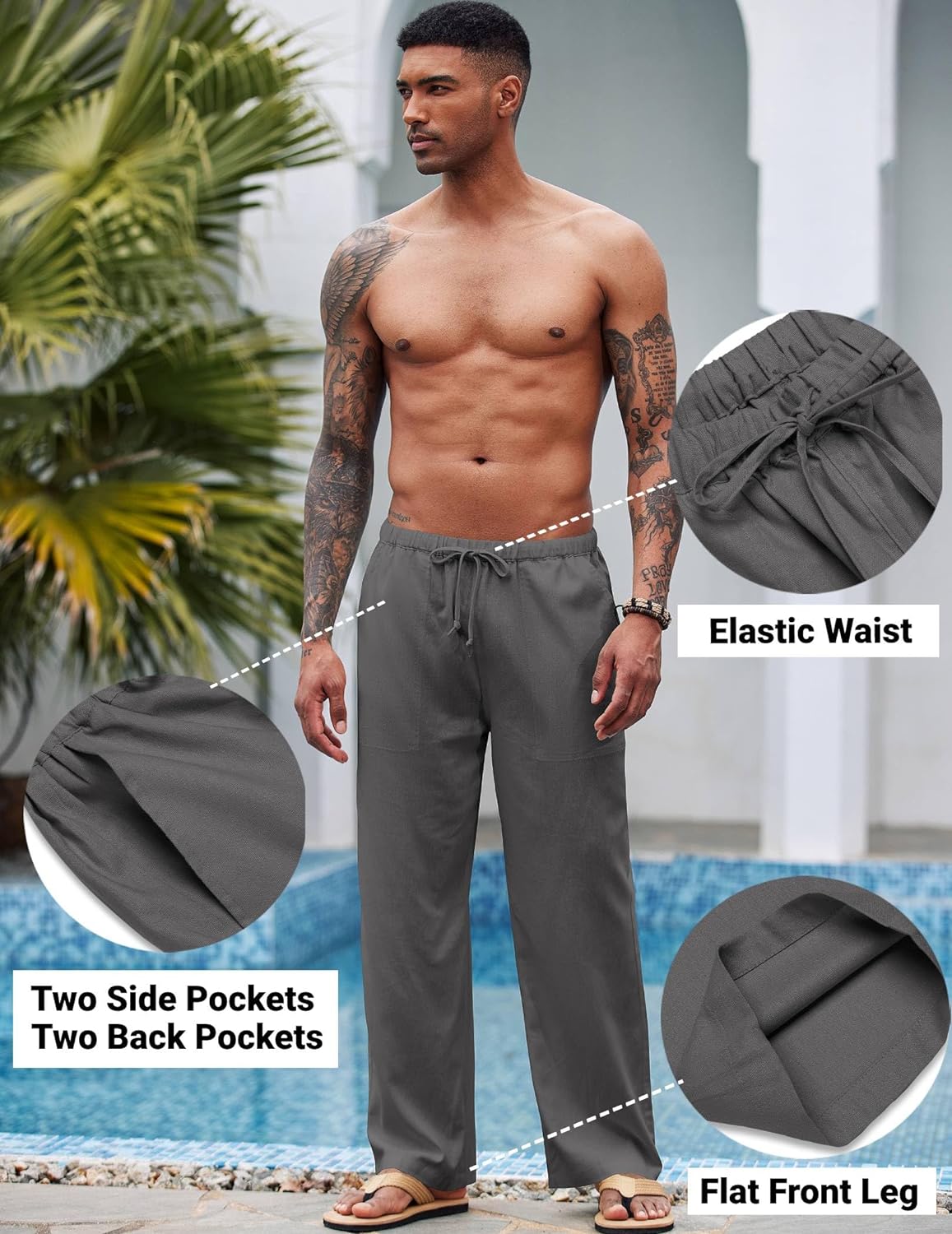 COOFANDY Mens Linen Drawstring Pants Elastic Waist Lightweight Trouser Casual Yoga Summer Beach Pant