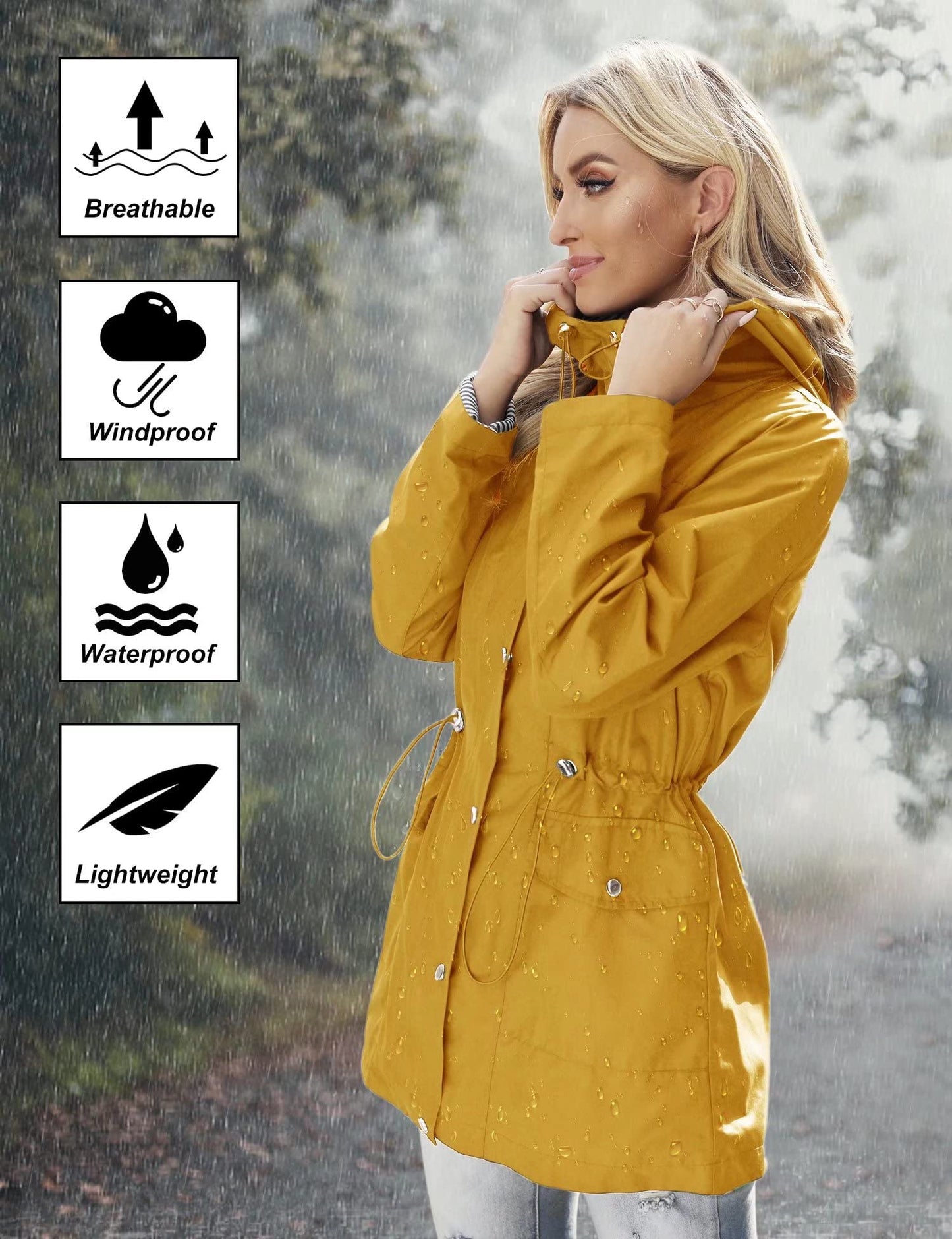 Bloggerlove Rain Jacket Women Lightweight Raincoat Waterproof Windbreaker Striped Climbing Outdoor Hooded Trench Coats S-XXL