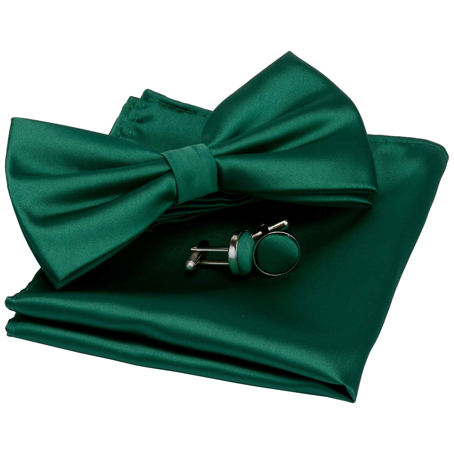 GUSLESON Mens Solid Color Double Fold Pre-tied Bow Tie and Pocket Square Cufflink Set with Gift Box