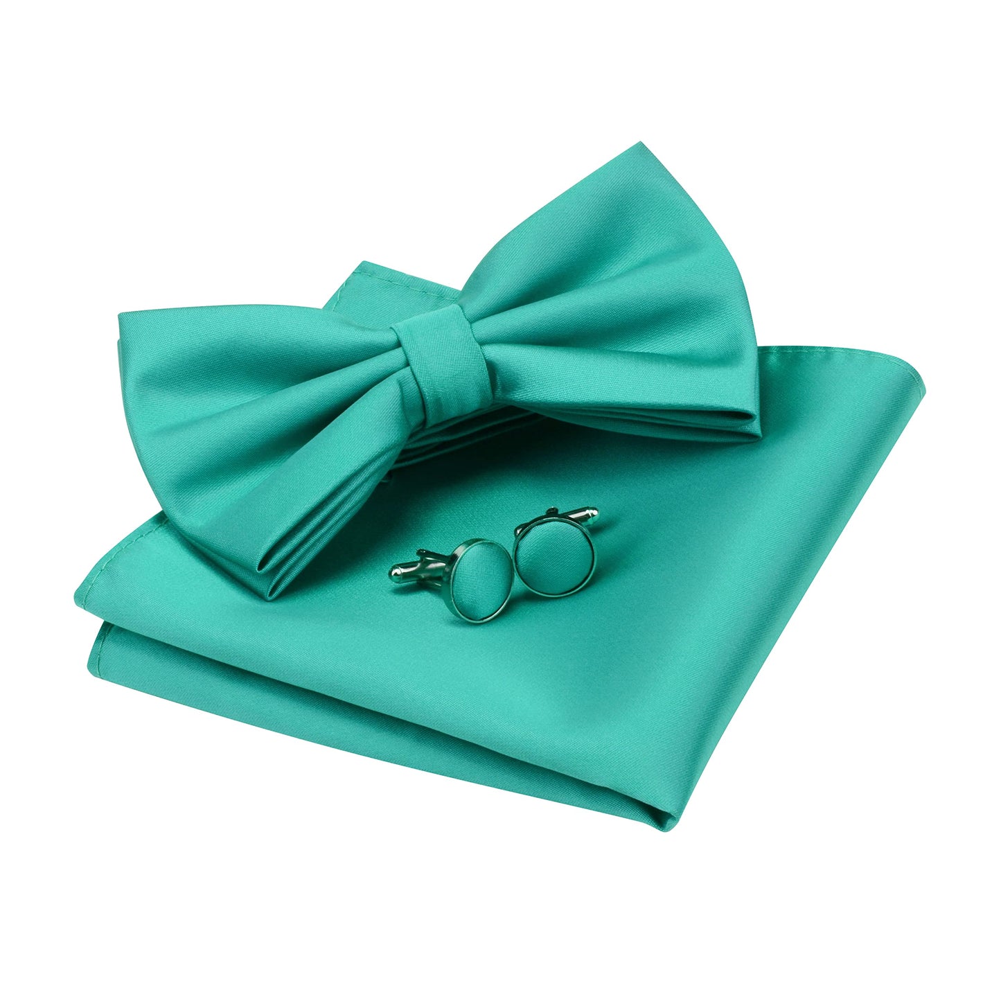 GUSLESON Mens Solid Color Double Fold Pre-tied Bow Tie and Pocket Square Cufflink Set with Gift Box