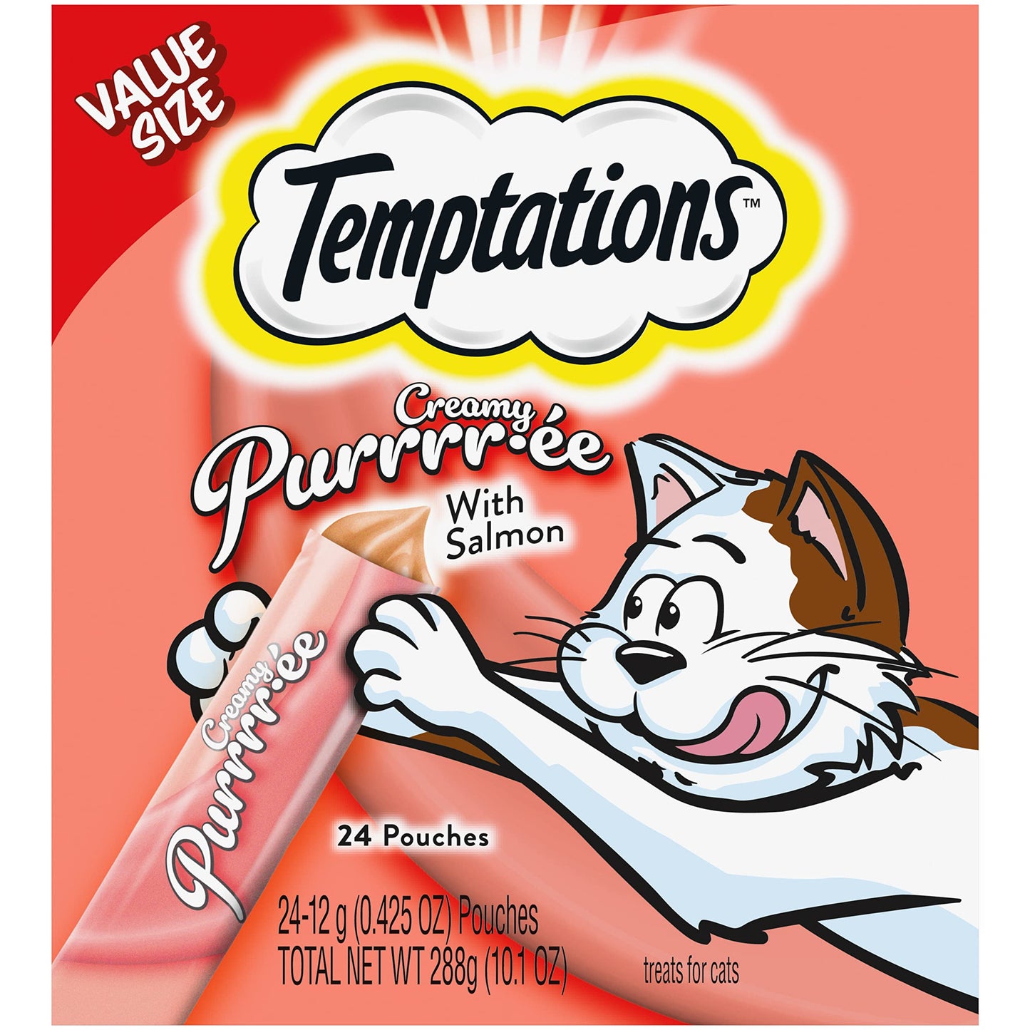 Temptations Creamy Puree with Chicken and Salmon Variety Pack of Lickable, Squeezable Cat Treats, 0.42 Oz Pouches, 16 Count