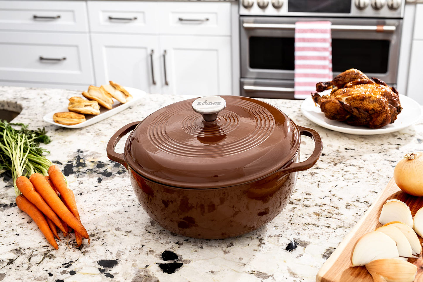 Lodge 6 Quart Enameled Cast Iron Dutch Oven with Lid – Dual Handles – Oven Safe up to 500° F or on Stovetop - Use to Marinate, Cook, Bake, Refrigerate and Serve – Oyster White