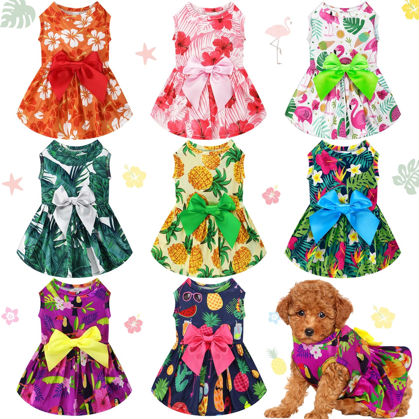 LEIFIDE 8 Pcs Summer Themed Hawaii Dog Dresses Holiday Dog Dress Flamingo Fruit Floral Pattern Pet Skirts Hawaii Puppy Princess Dresses Outfits Bowknot Puppy Dresses for Girl Dogs Cats Beach (Small)