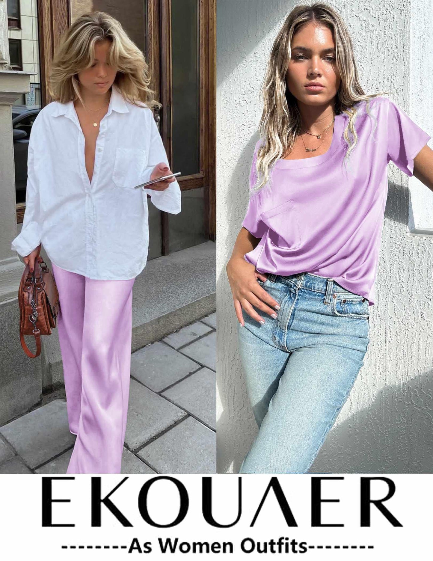 Ekouaer Womens Satin Silky Pajama Set Short Sleeve Shirt with Long Pajama Pant Set Soft PJ Loungewear