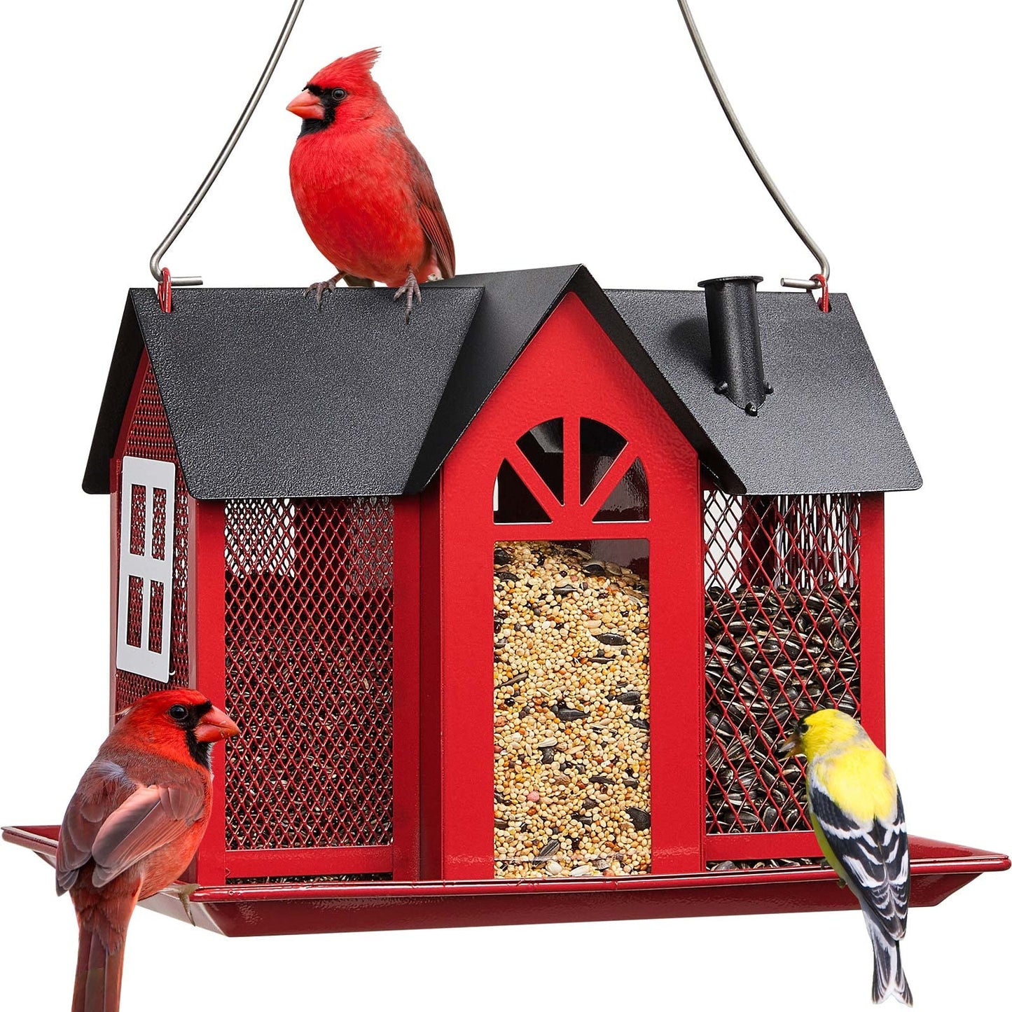 Kingsyard Bird Feeder House for Outside, Metal Mesh Wild Bird Feeder with Triple Feeders for Finch Cardinal Chickadee, Large Capacity, Weatherproof and Durable