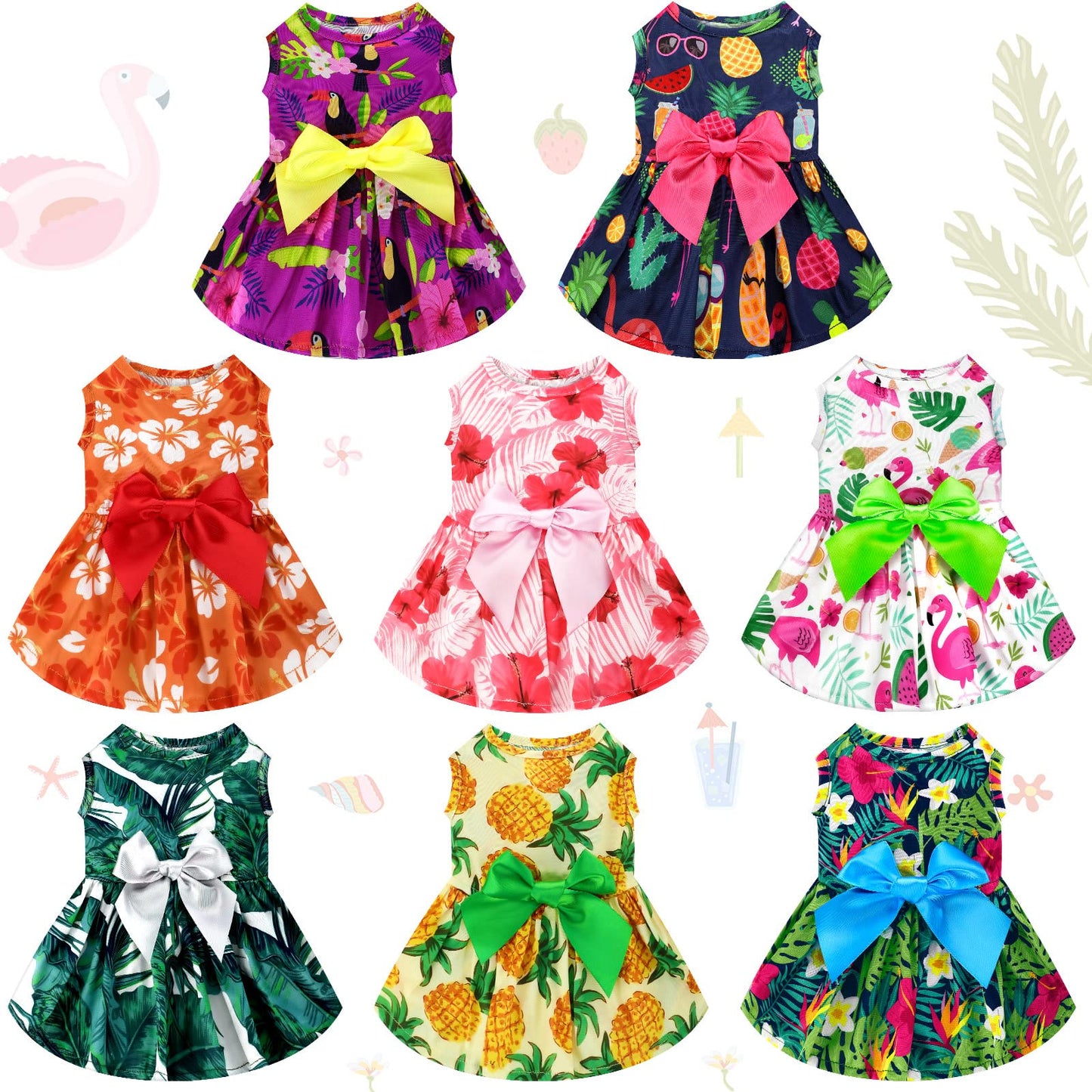 LEIFIDE 8 Pcs Summer Themed Hawaii Dog Dresses Holiday Dog Dress Flamingo Fruit Floral Pattern Pet Skirts Hawaii Puppy Princess Dresses Outfits Bowknot Puppy Dresses for Girl Dogs Cats Beach (Small)