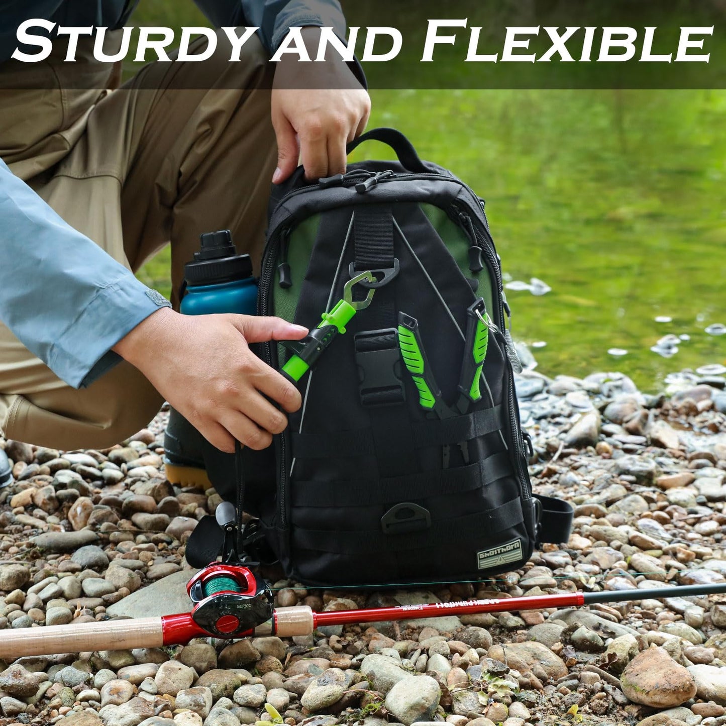 Ghosthorn Fishing Backpack Tackle Sling Bag - Fishing Backpack with Rod Holder - Tackle Box Fly Fishing Gifts for Men Women