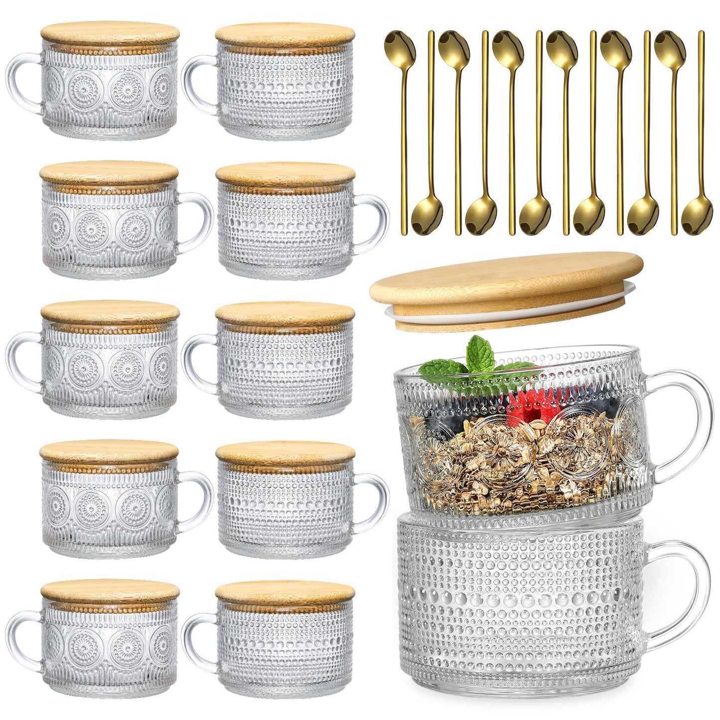 LANDNEOO 4pcs Set Vintage Coffee Mugs gifts for women, Overnight Oats Containers with Bamboo Lids and Spoons - 14oz Clear Embossed Glass Cups, Cute Coffee Bar Accessories, Iced Coffee Glasses