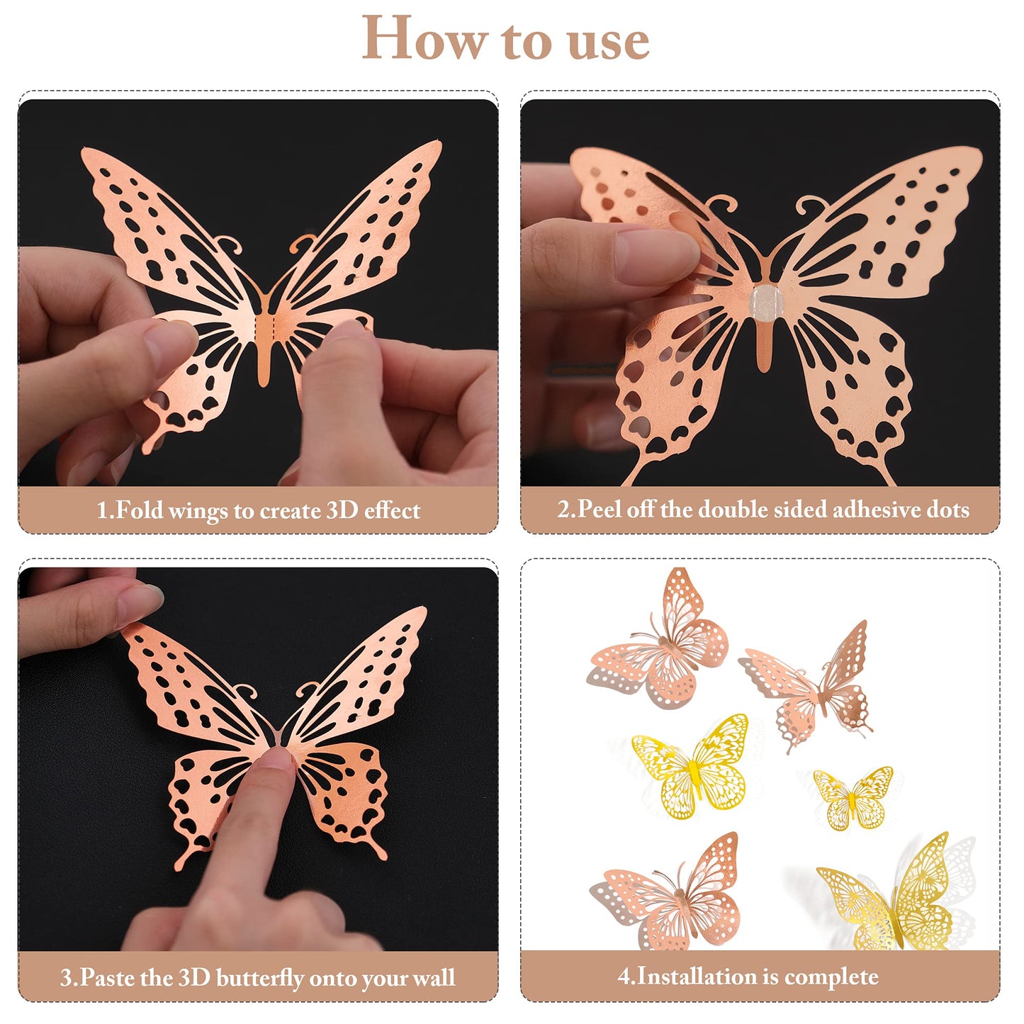 SAOROPEB 3D Butterfly Wall Decor 48 Pcs 4 Styles 3 Sizes, Gold Butterfly Decorations for Butterfly Birthday Decorations Butterfly Party Decorations Cake Decorations, Removable Stickers (Gold)