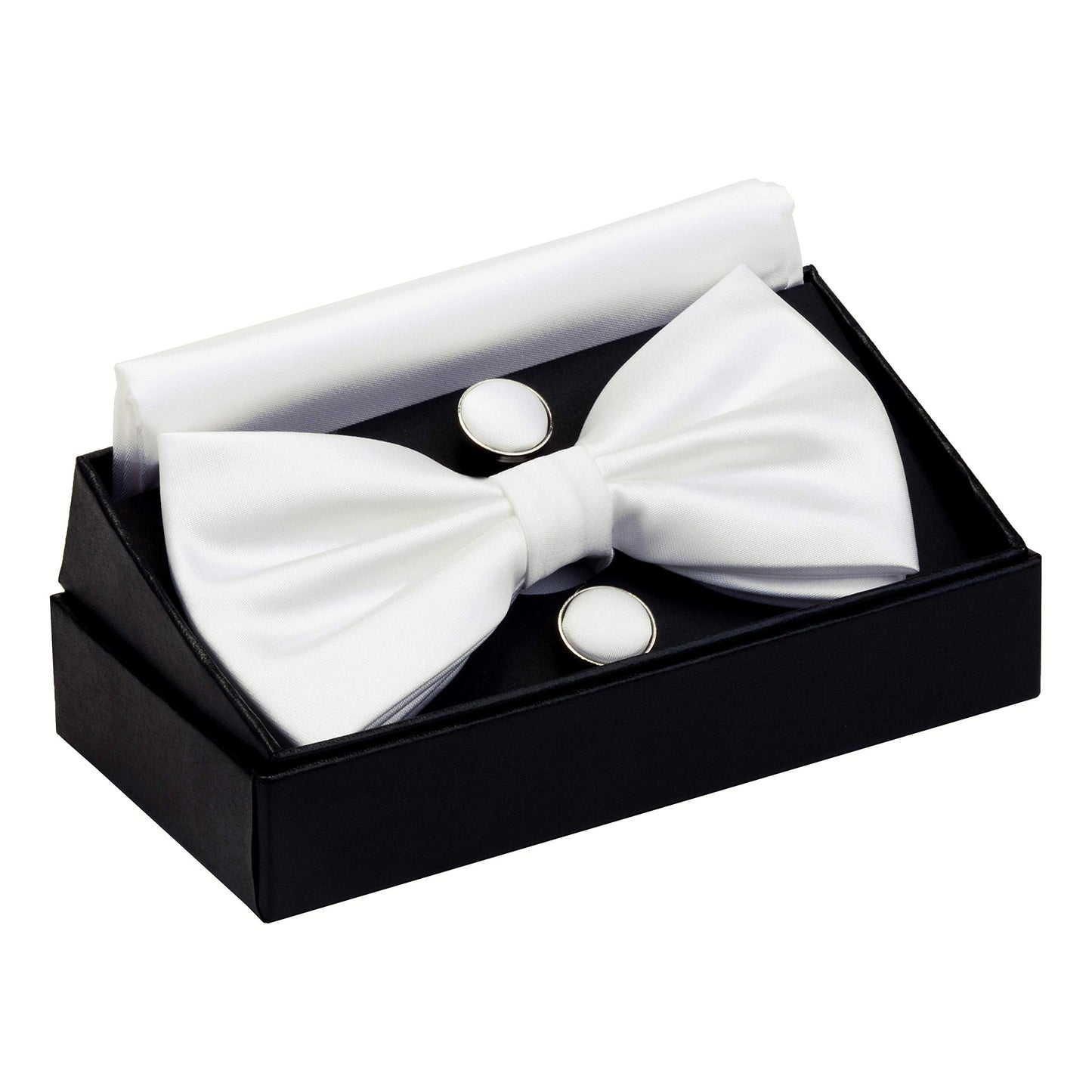 GUSLESON Mens Solid Color Double Fold Pre-tied Bow Tie and Pocket Square Cufflink Set with Gift Box