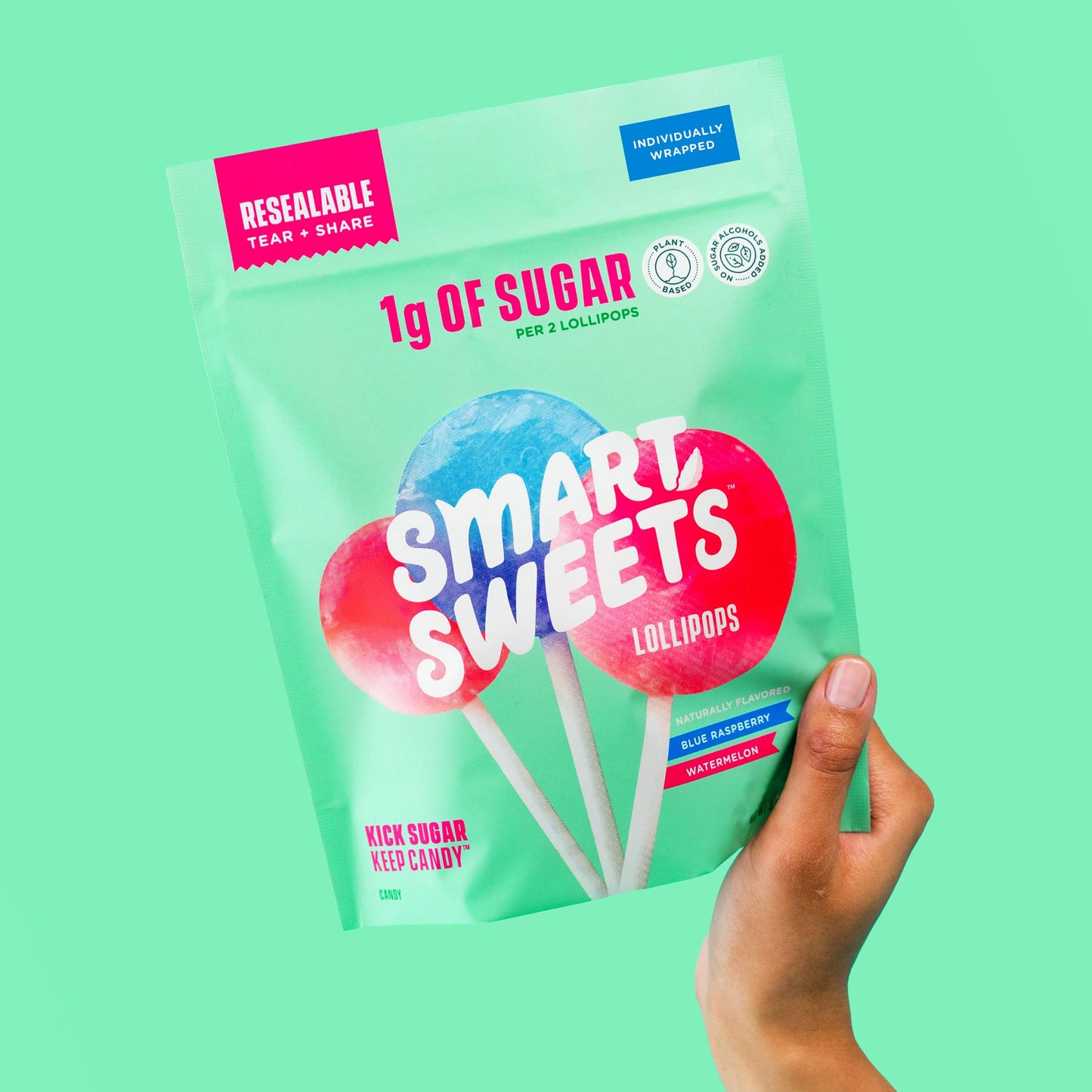 SmartSweets Lollipops, 3oz, Blue Raspberry & Watermelon Flavors, Hard Candy with Low Sugar (1g), Low Calorie (40), No Artificial Sweeteners, Plant-Based, Gluten-Free