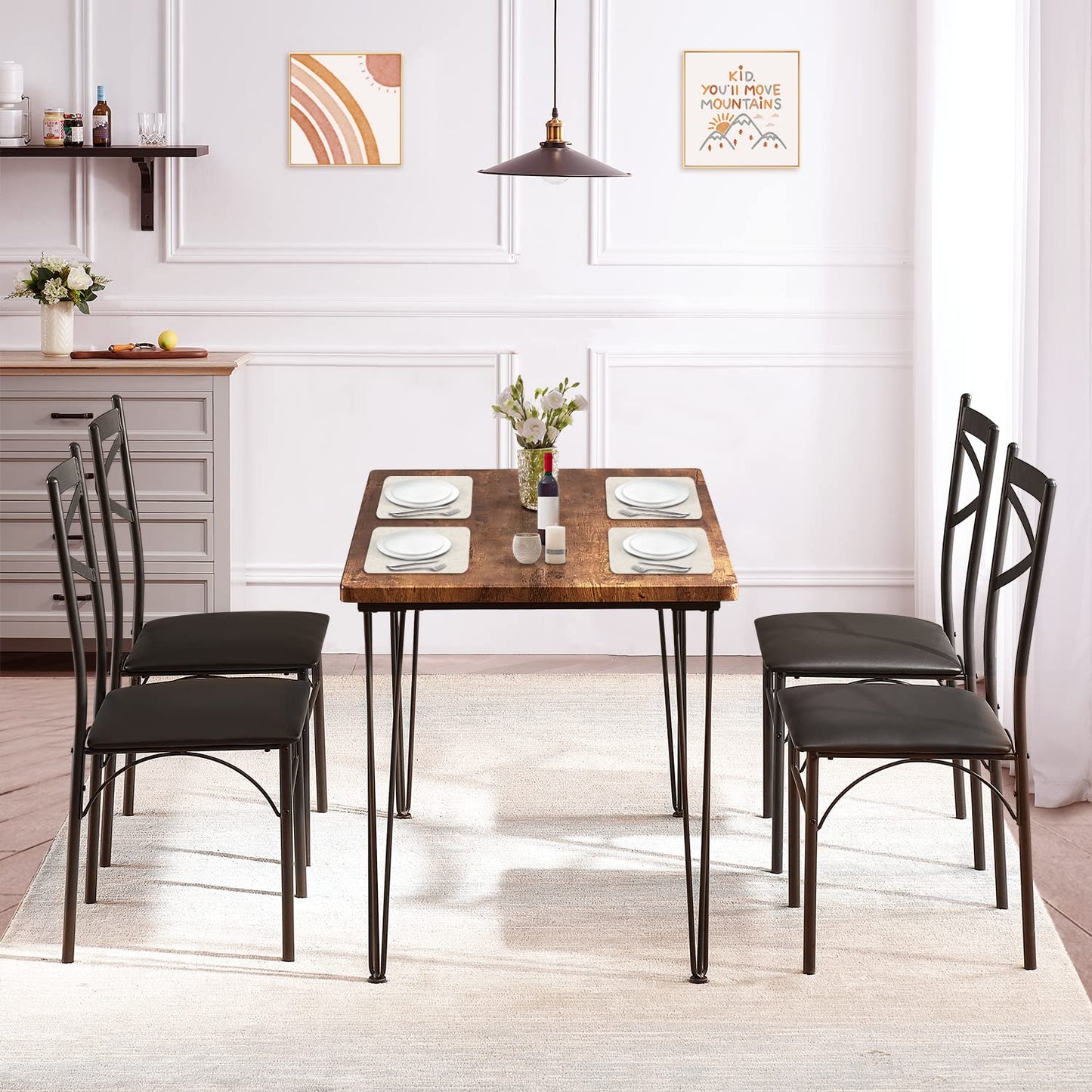 VECELO Kitchen Dining Room Table 2 Chairs for Small Space, Apartment,Metal Steel Frame, 3-Piece Set, Brown