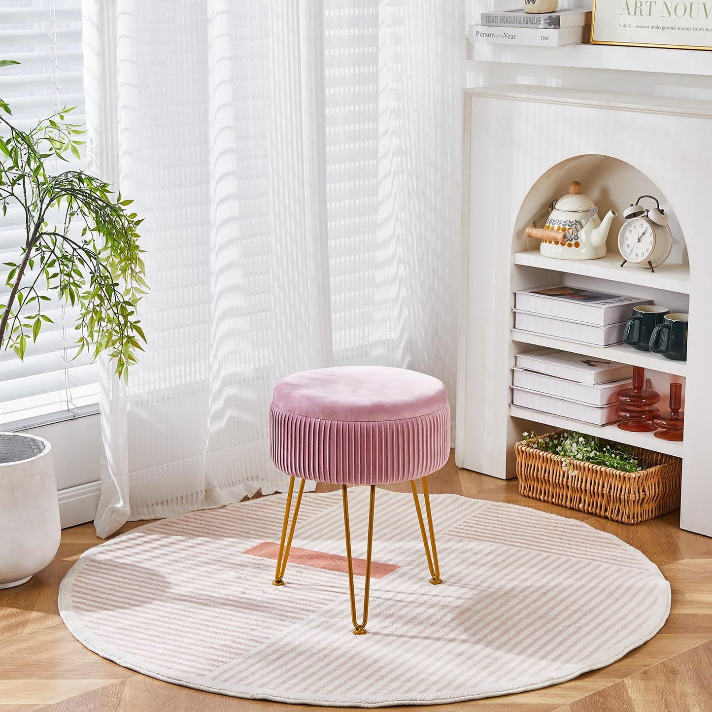 Cpintltr Velvet Foot Rest Stool Multipurpose Dressing Stools Upholstered Round Storage Ottoman Modern Soft Vanity Chair with Memory Foam Seat Pink