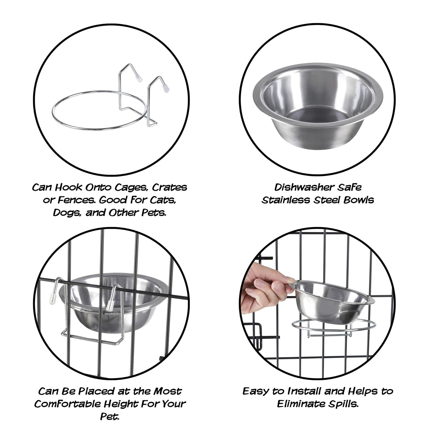 Set of 2 Stainless-Steel Dog Bowls - Cage, Kennel, and Crate Hanging Pet Bowls for Food and Water - 8oz Each and Dishwasher Safe by PETMAKER, Silver