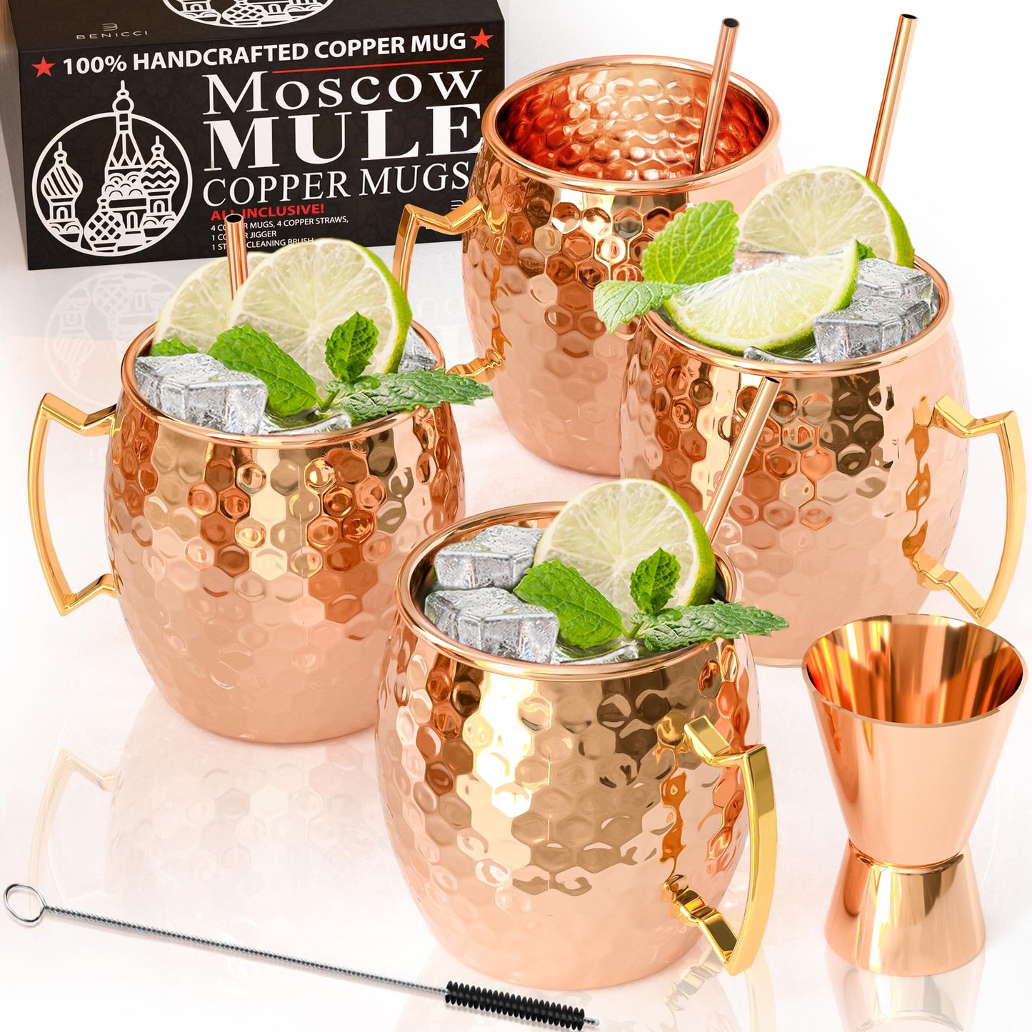 Benicci Moscow Mule Copper Mugs - Set of 4-100% HANDCRAFTED - Food Safe Pure Solid Copper Mugs - 16 oz Christmas Gift Set with Premium Quality Cocktail Copper Straws and Jigger!