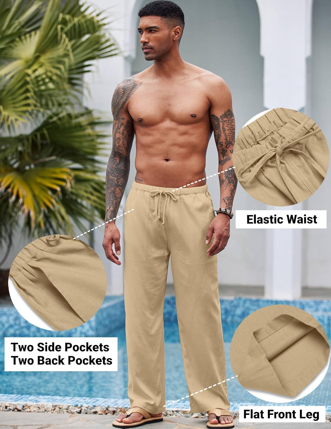 COOFANDY Mens Linen Drawstring Pants Elastic Waist Lightweight Trouser Casual Yoga Summer Beach Pant